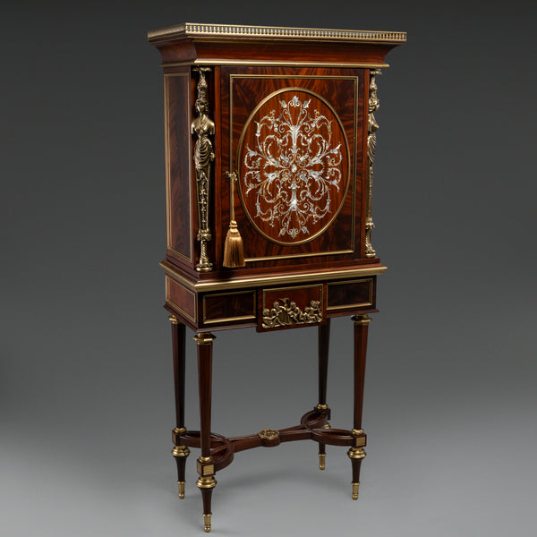 Louis XVI-Style Cabinet with Mother-of-Pearl  Inlay, Gilt Bronze Ormolu, and Fluted Legs