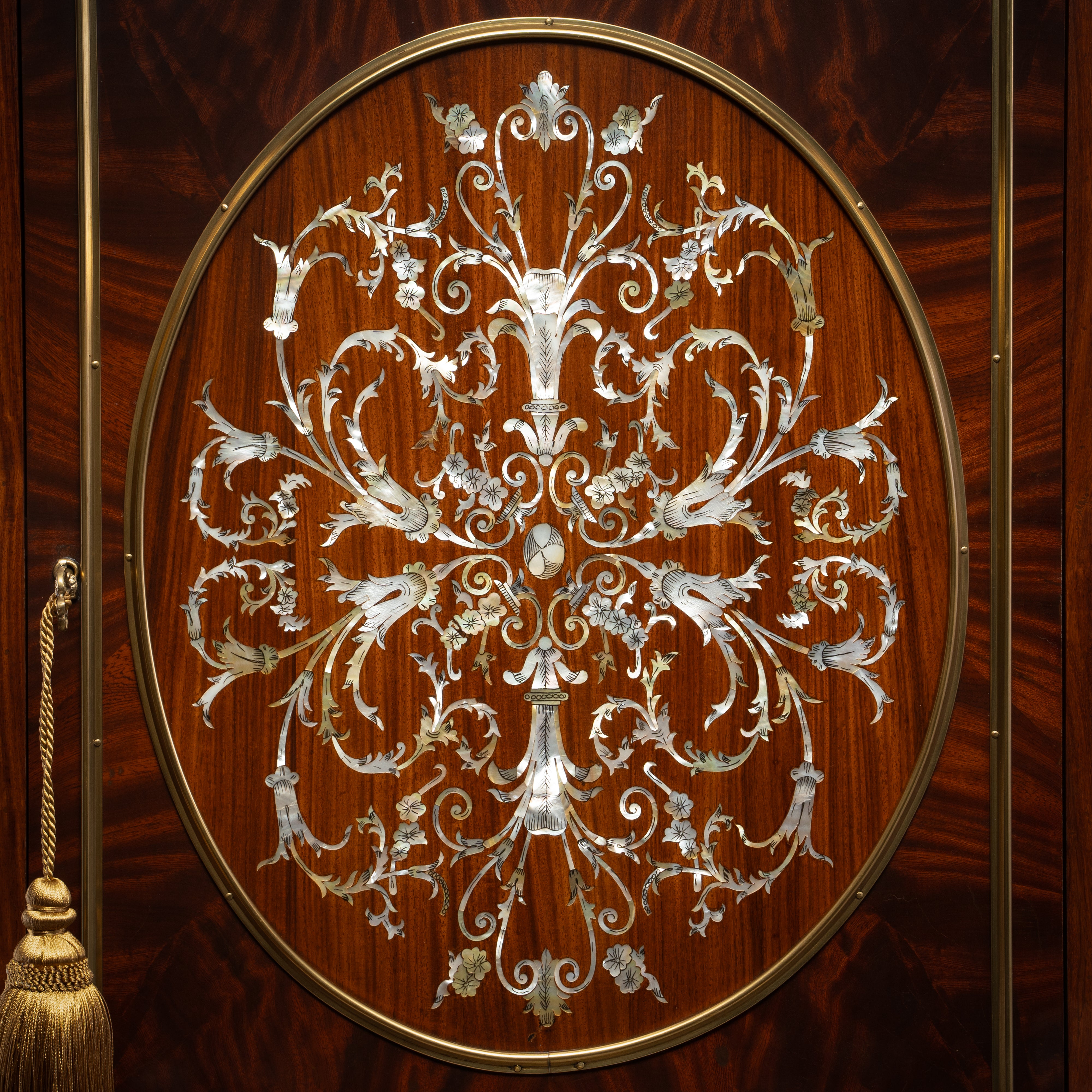 Louis XVI-Style Cabinet with Mother-of-Pearl  Inlay, Gilt Bronze Ormolu, and Fluted Legs