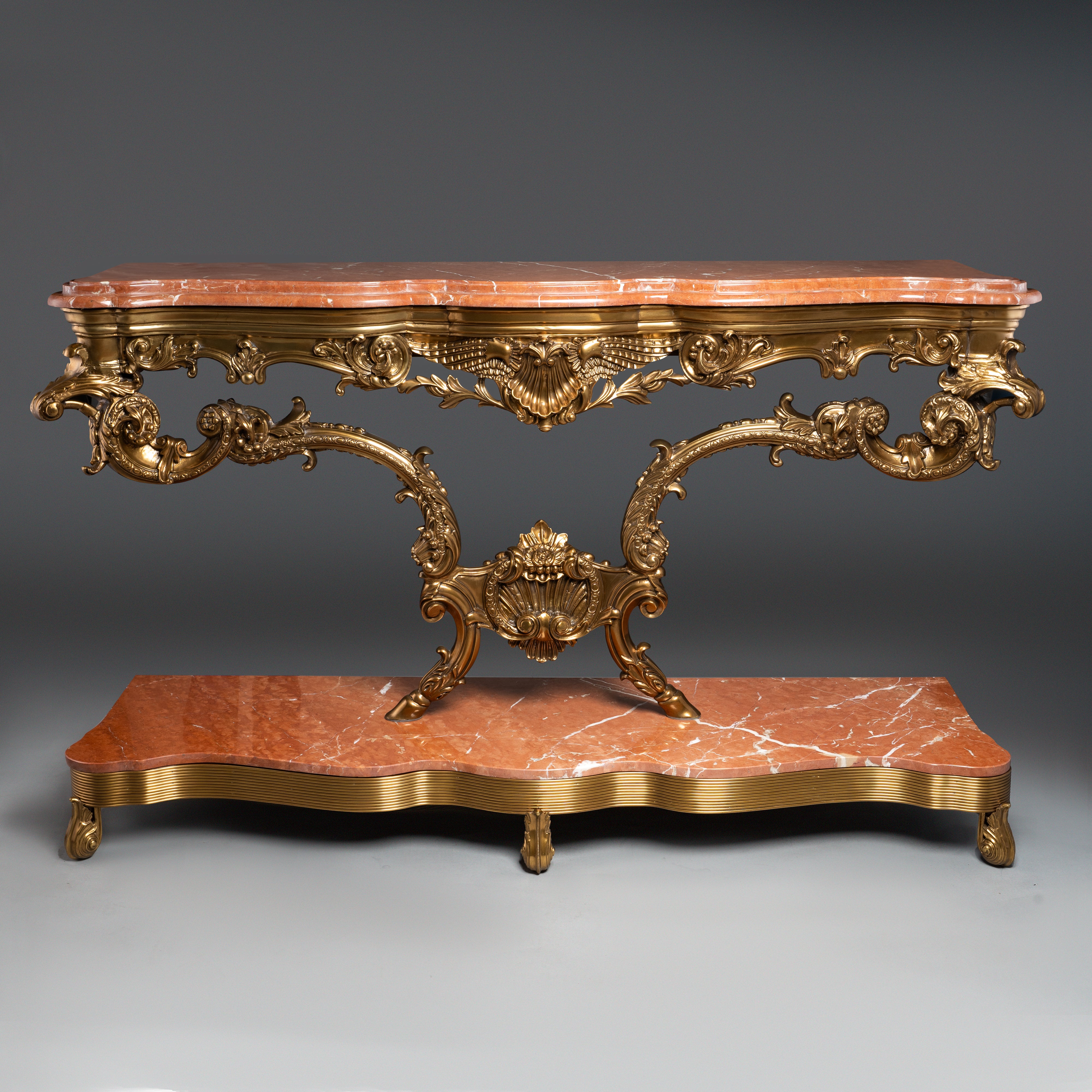 Ornate Rococo Revival Console Table with Brass Details and Marble Top