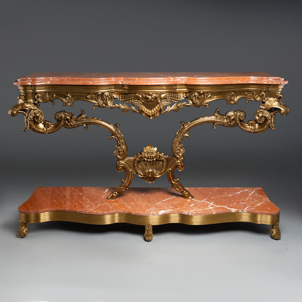 Ornate Rococo Revival Console Table with Brass Details and Marble Top