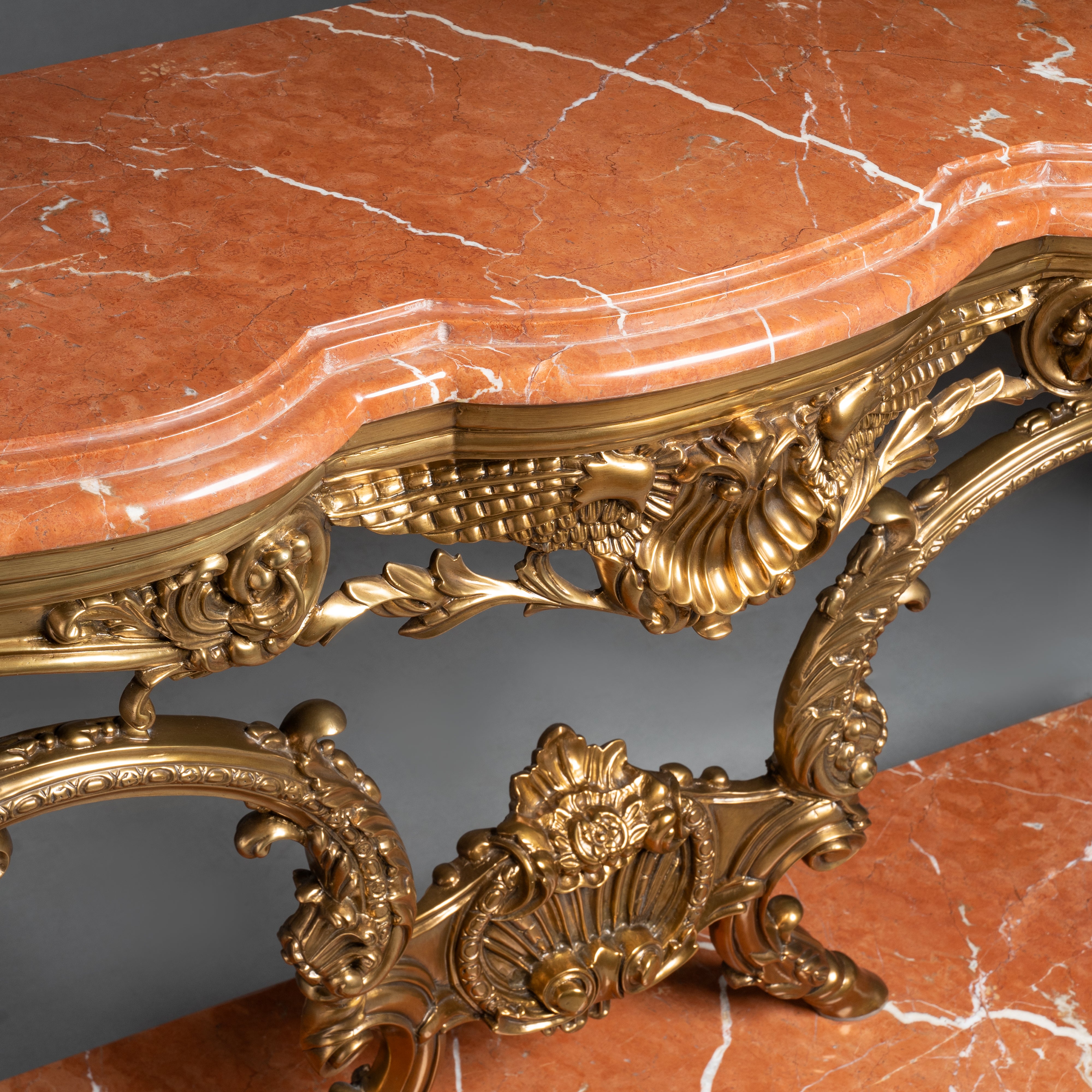 Ornate Rococo Revival Console Table with Brass Details and Marble Top