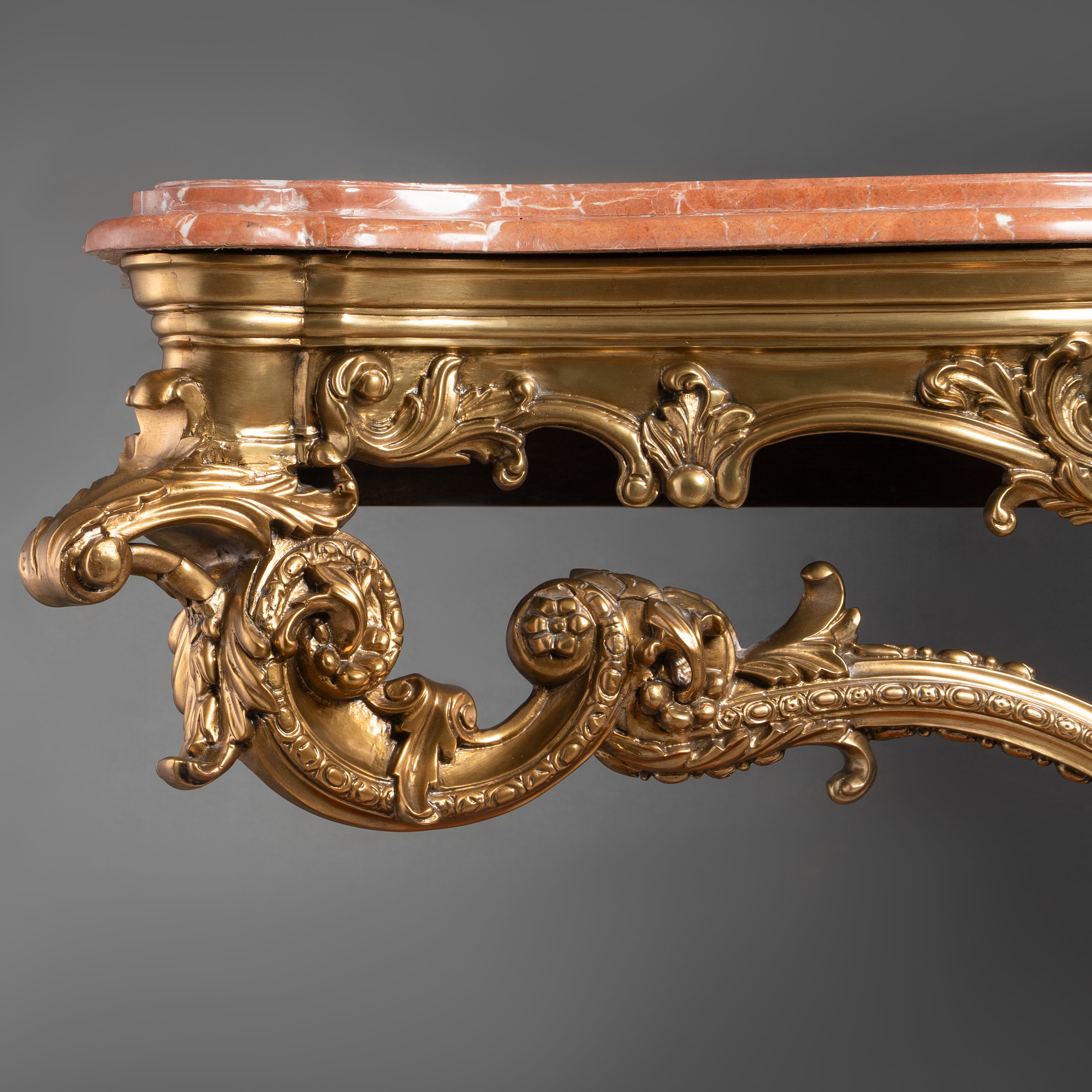 Ornate Rococo Revival Console Table with Brass Details and Marble Top