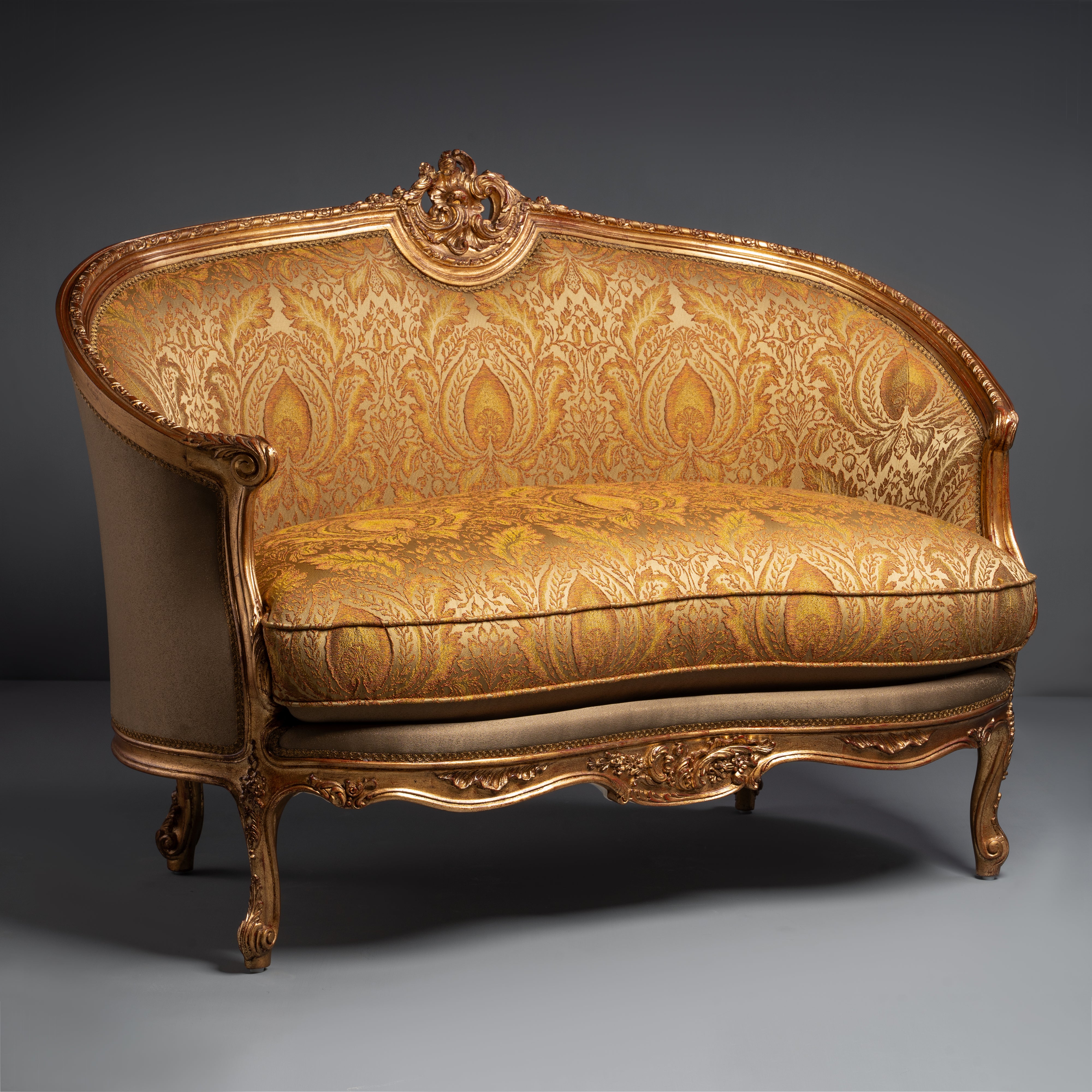 Exquisite Louis XVI-Style Giltwood Settee  with Damask Upholstery