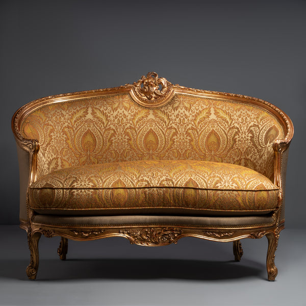 Exquisite Louis XVI-Style Giltwood Settee  with Damask Upholstery