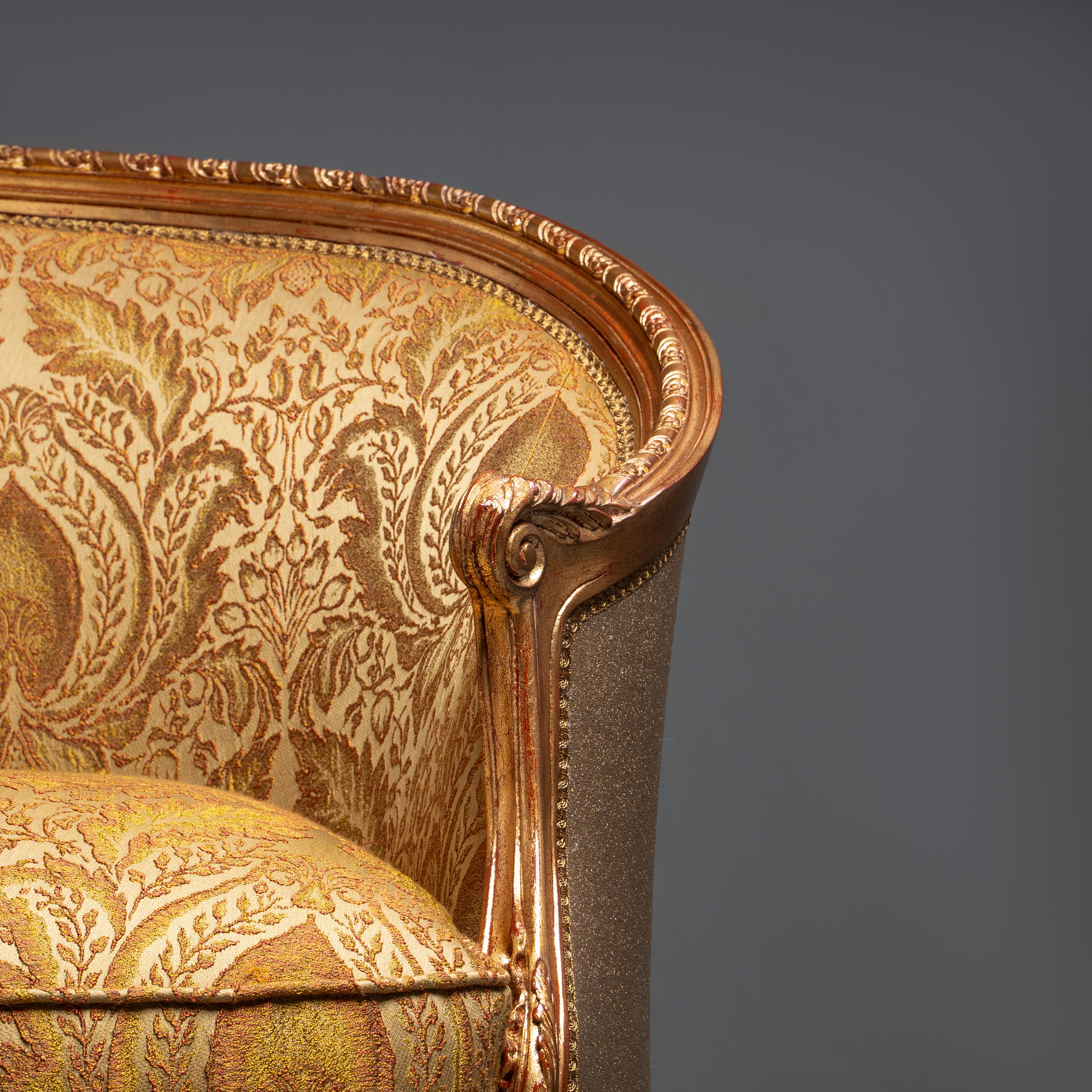 Exquisite Louis XVI-Style Giltwood Settee  with Damask Upholstery
