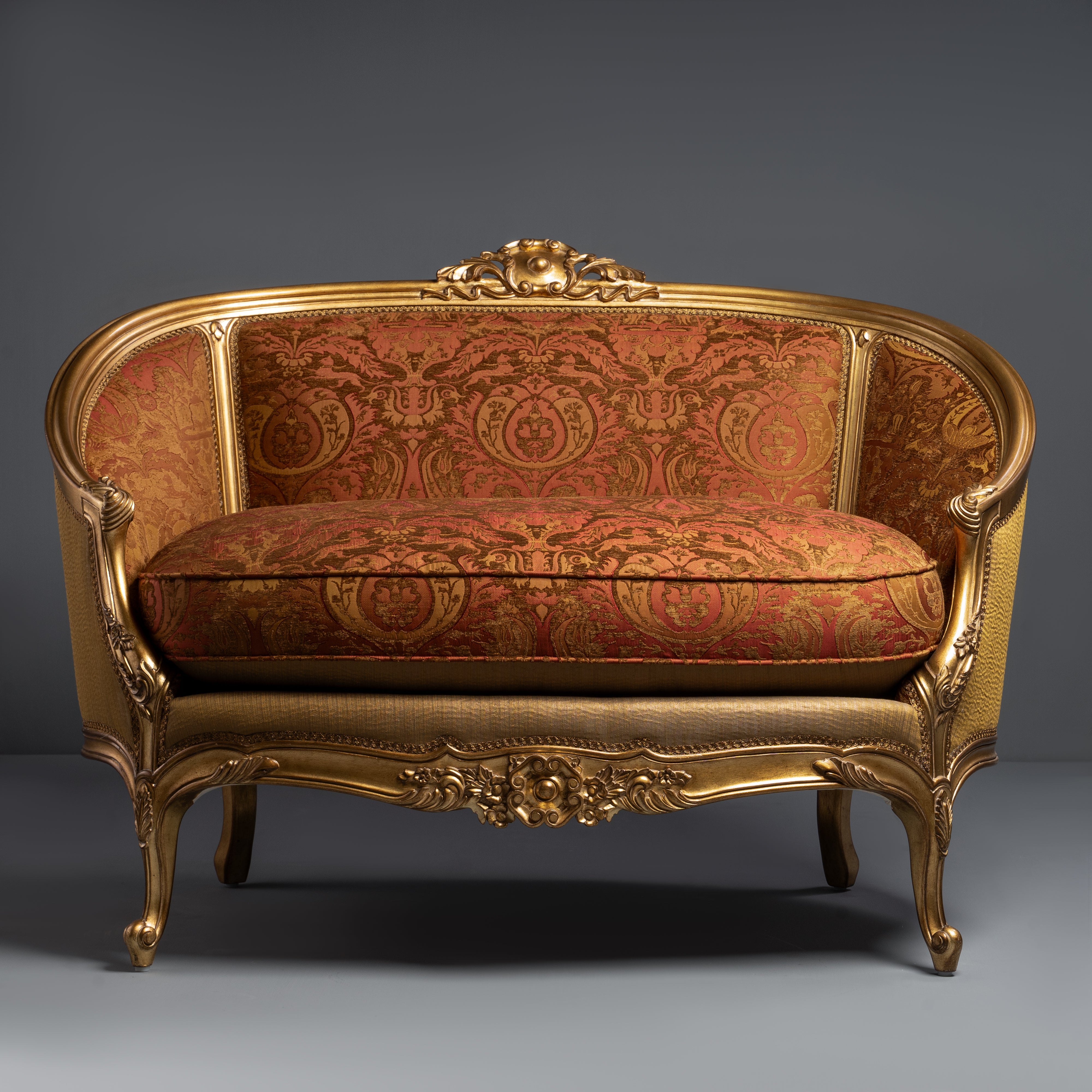 Elegant French Giltwood Settee with Ornate  Damask Upholstery