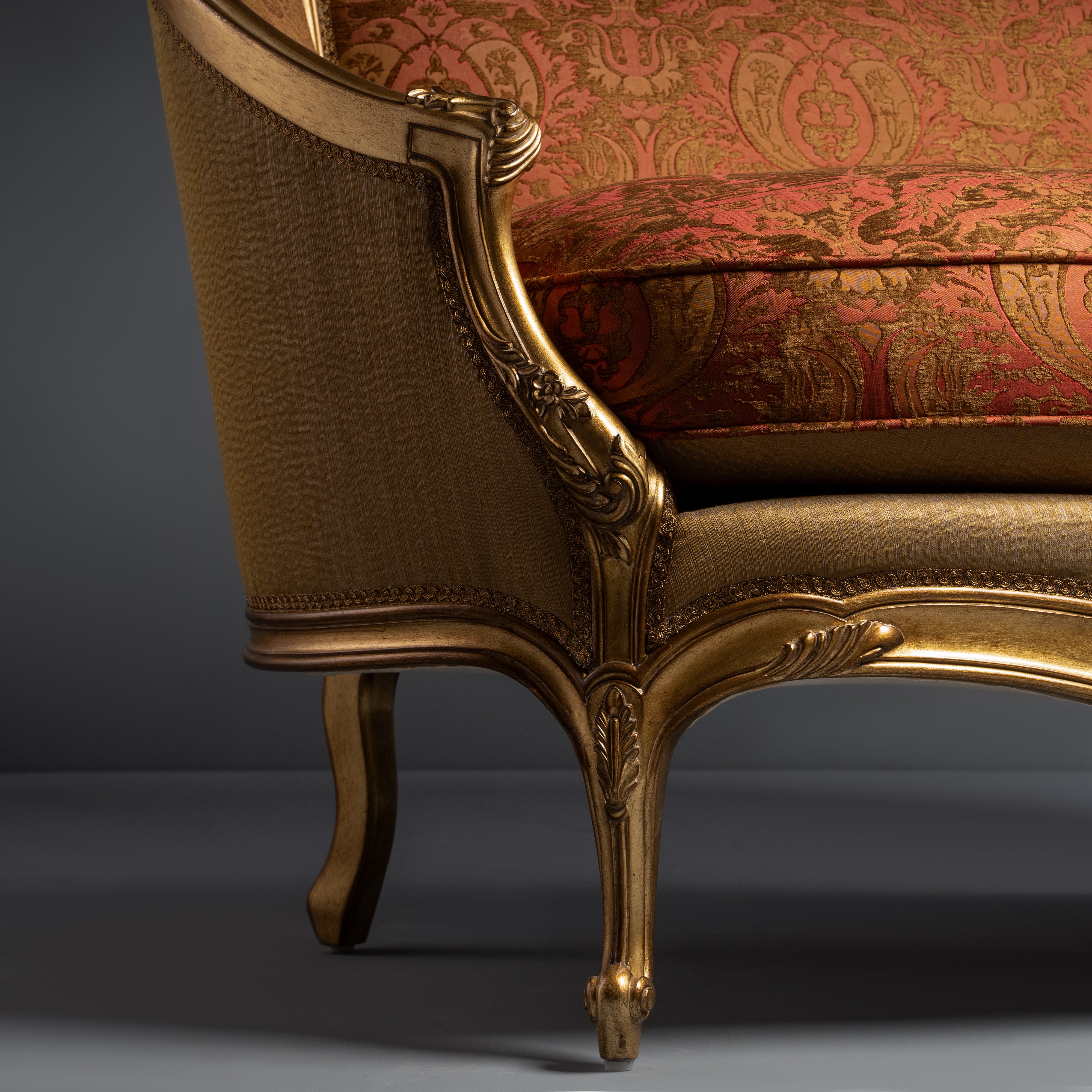 Elegant French Giltwood Settee with Ornate  Damask Upholstery