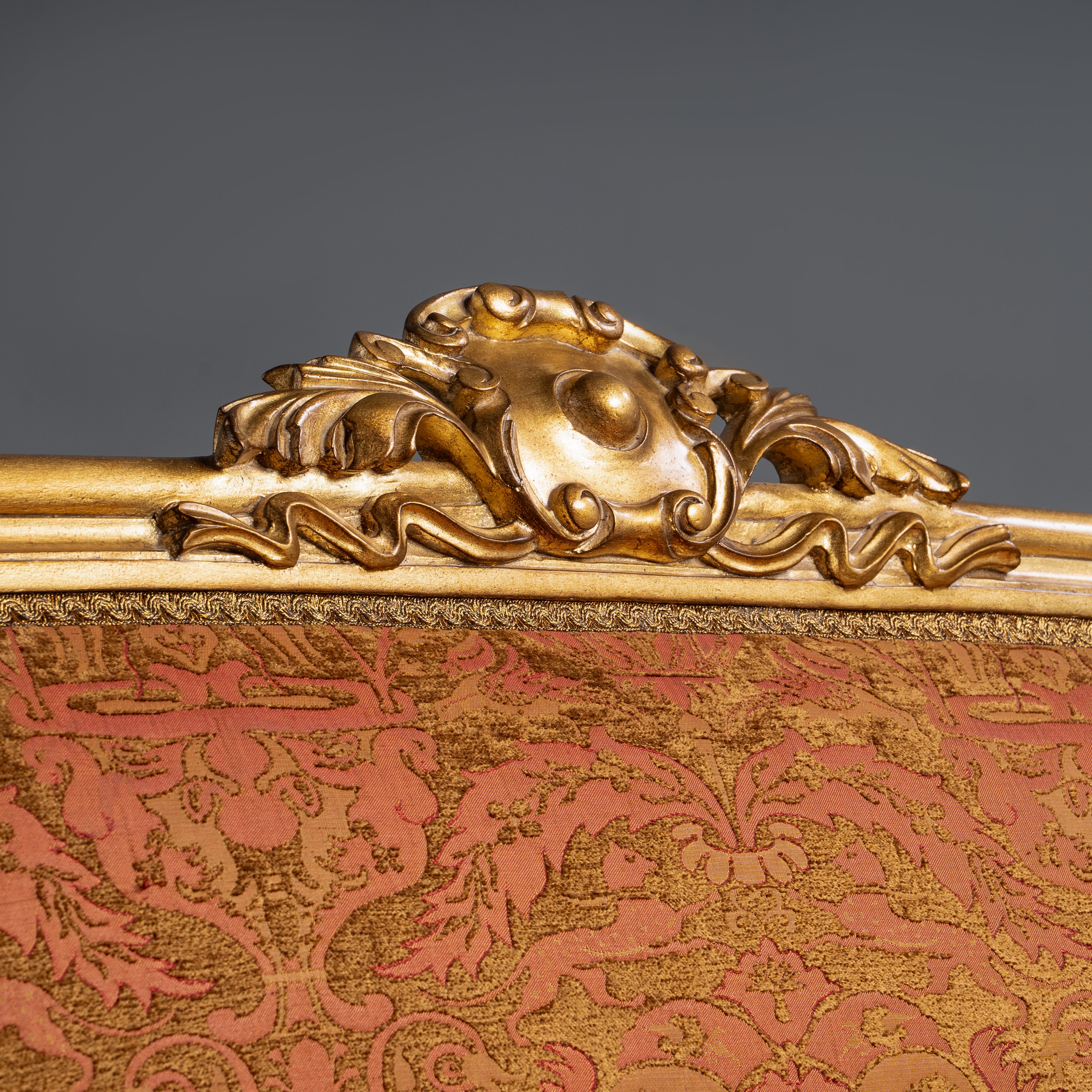 Elegant French Giltwood Settee with Ornate  Damask Upholstery