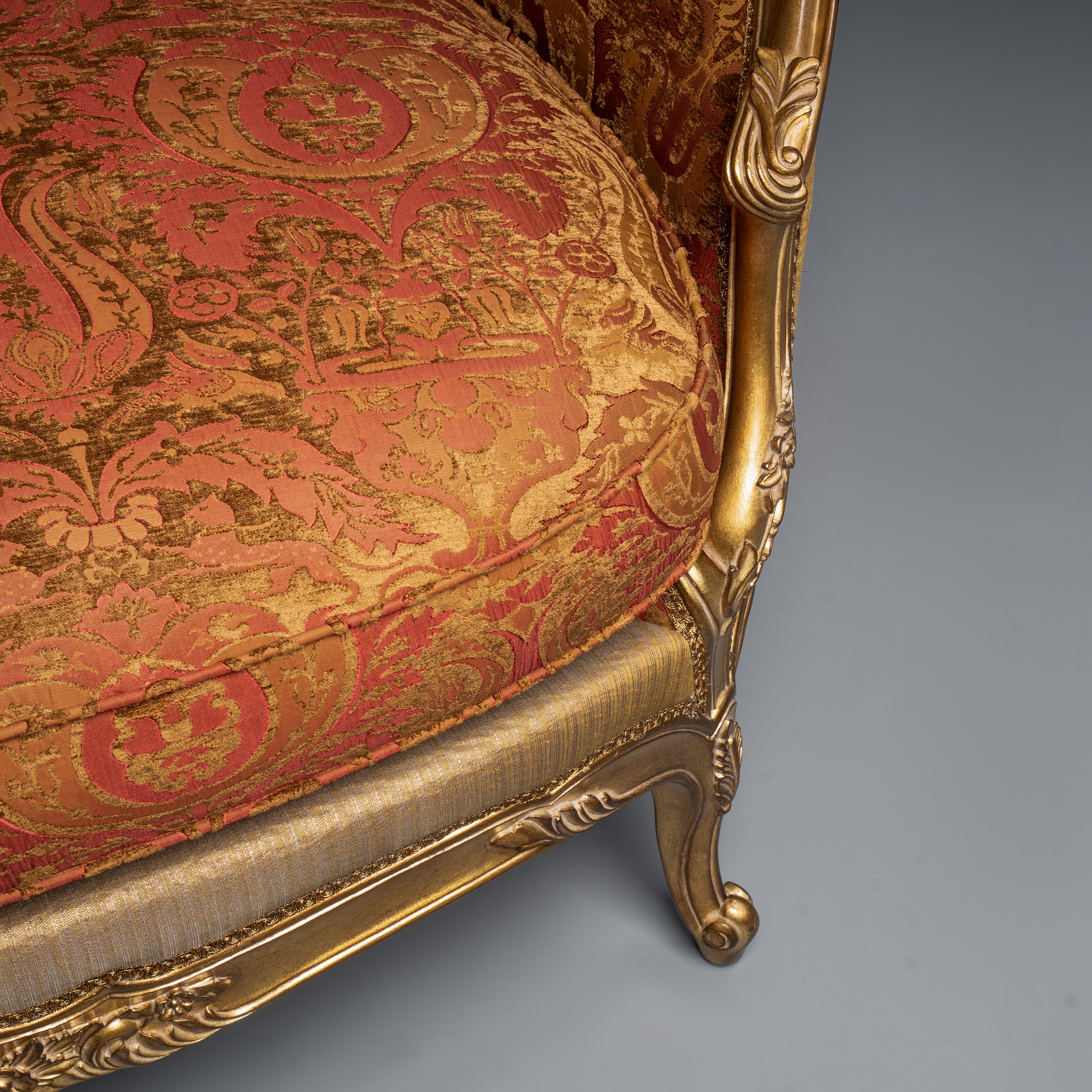 Elegant French Giltwood Settee with Ornate  Damask Upholstery