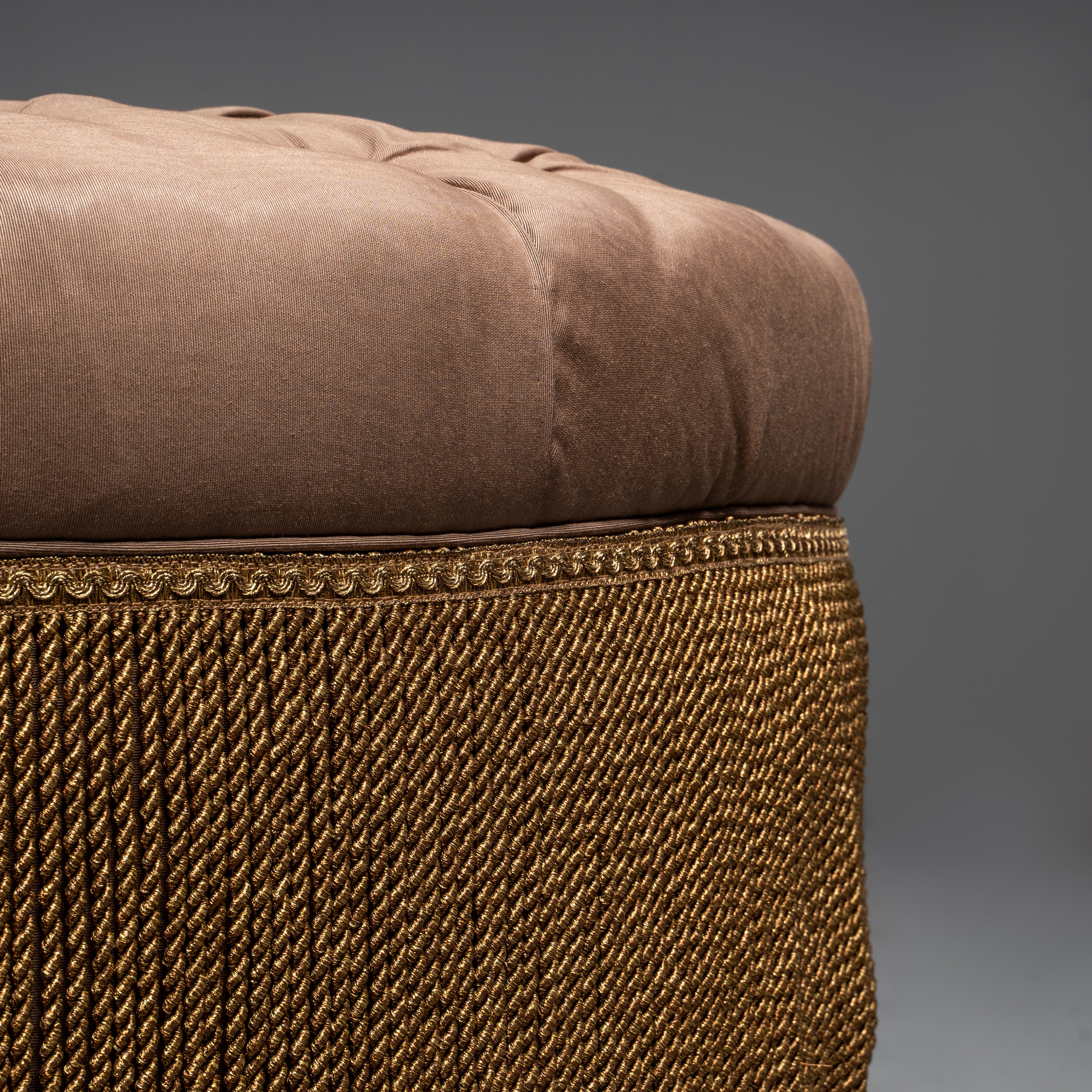 Luxurious Tufted Round Ottoman with  Elegant Fringe Detail