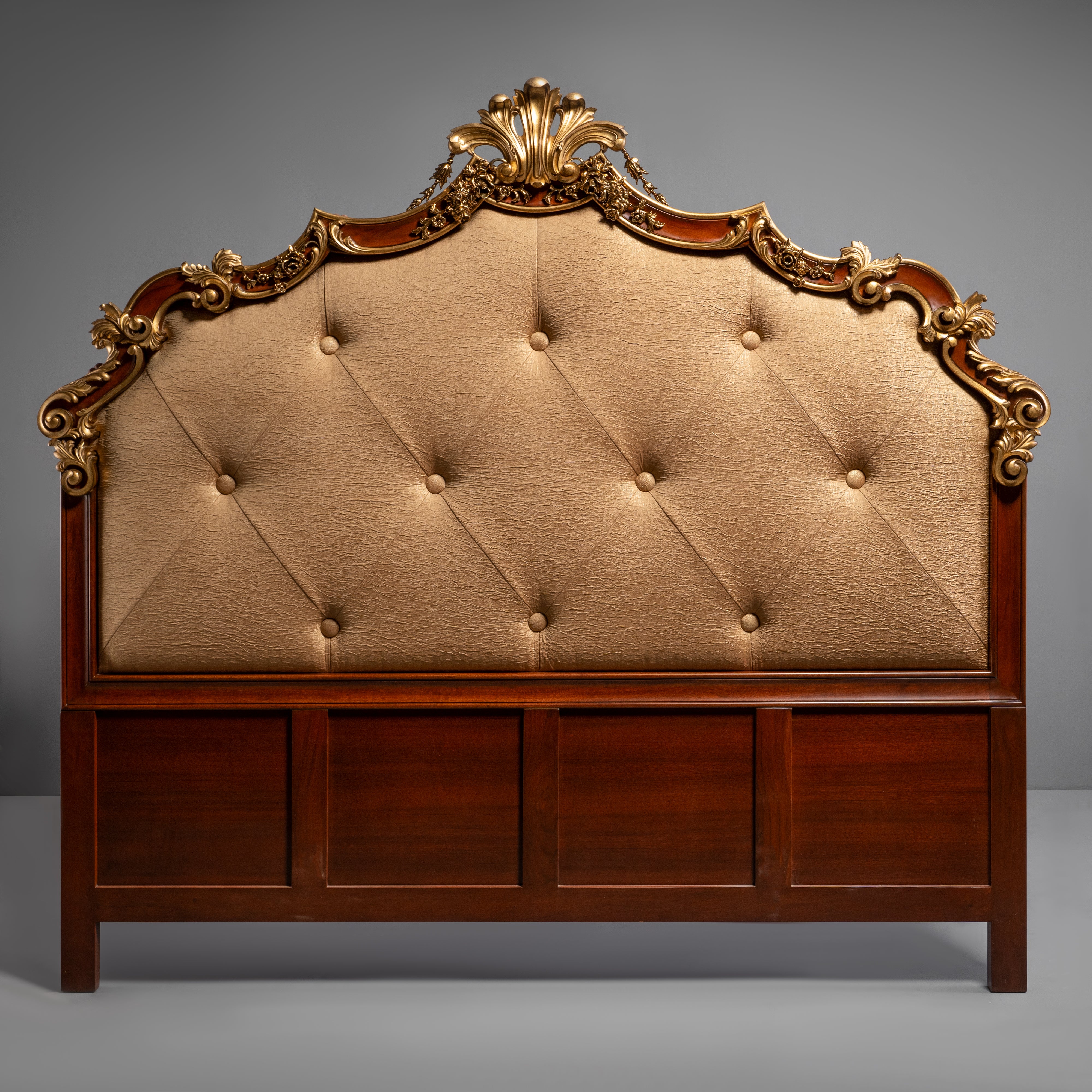 Elegant French Louis XV Style Gilt Headboard  with Button-Tufting and Brass Motifs