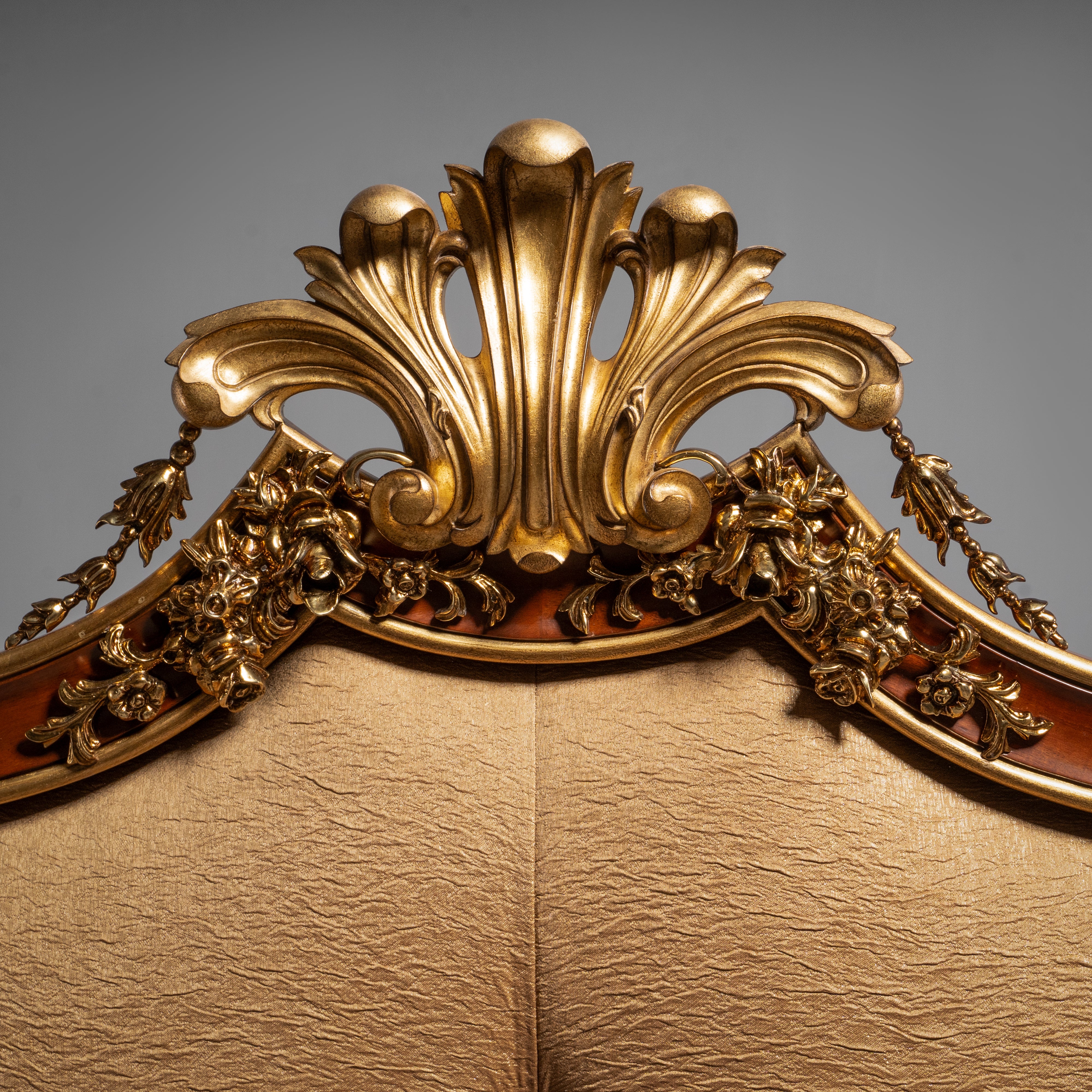 Elegant French Louis XV Style Gilt Headboard  with Button-Tufting and Brass Motifs