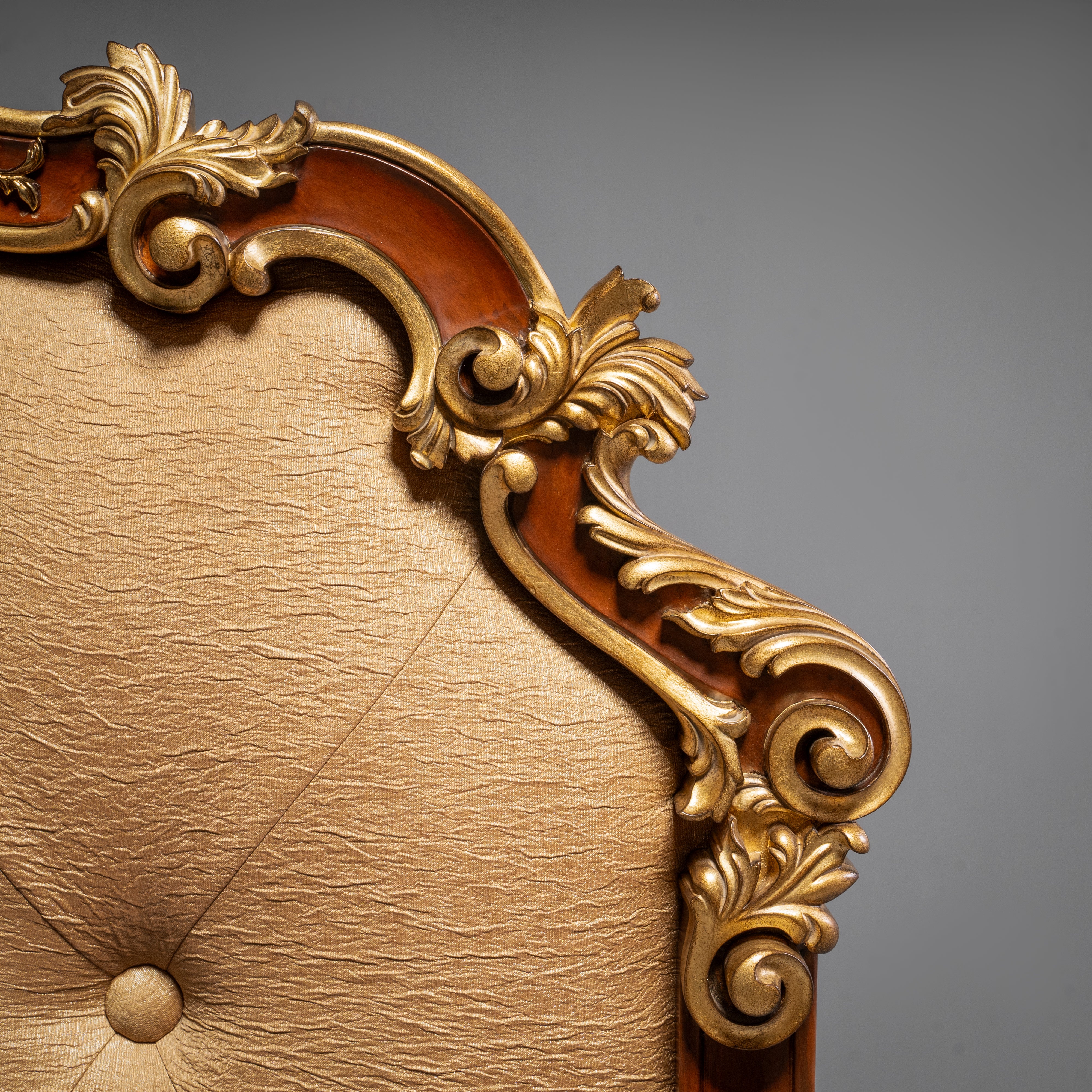 Elegant French Louis XV Style Gilt Headboard  with Button-Tufting and Brass Motifs