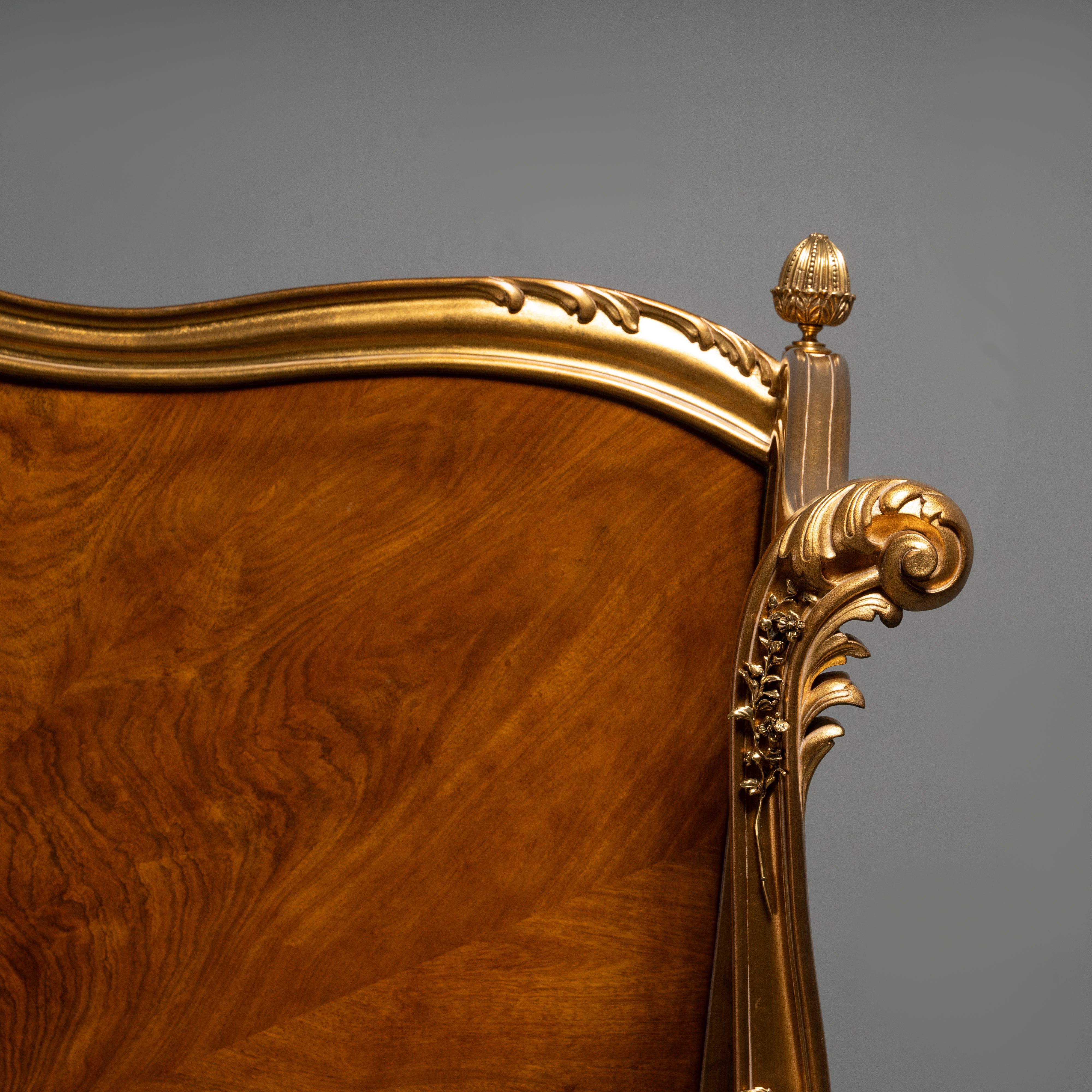 Elegant French-Style Bed Frame with Burl  Veneer and Brass Accents