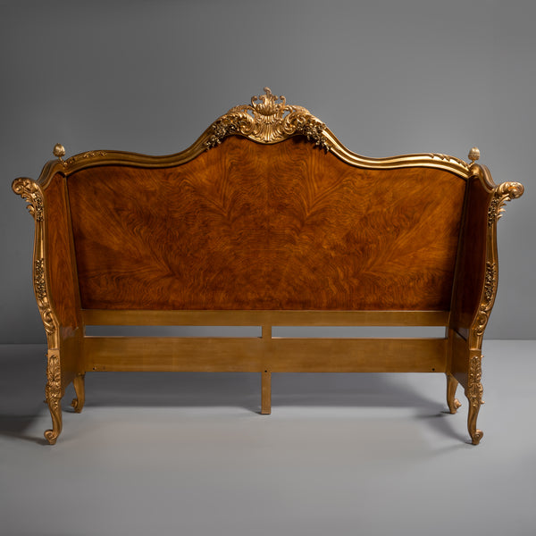 Elegant French-Style Bed Frame with Burl  Veneer and Brass Accents