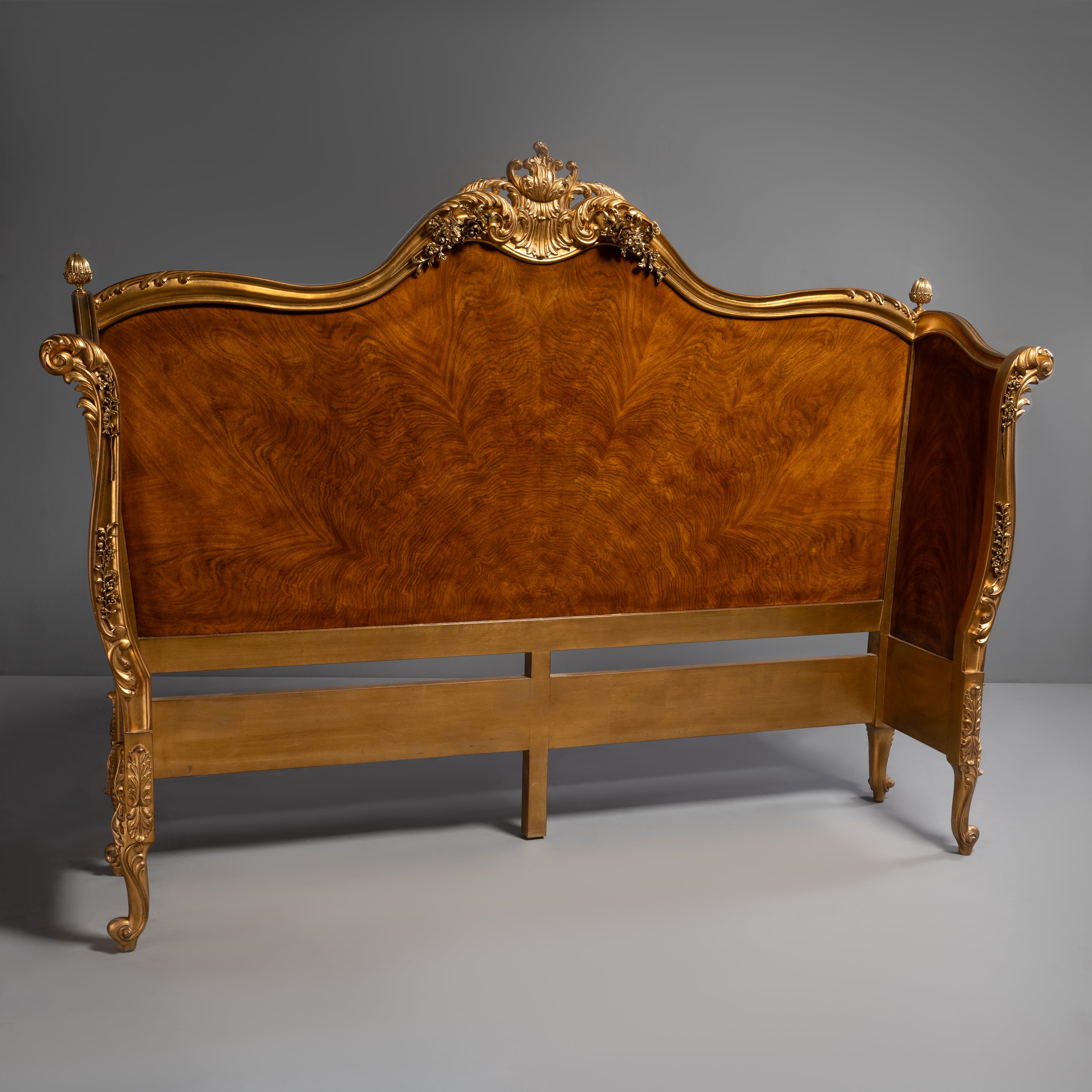Elegant French-Style Bed Frame with Burl  Veneer and Brass Accents