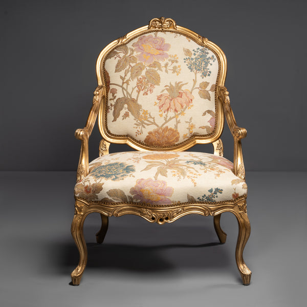 Elegant Louis XV Style Giltwood Armchair  with Floral Upholstery