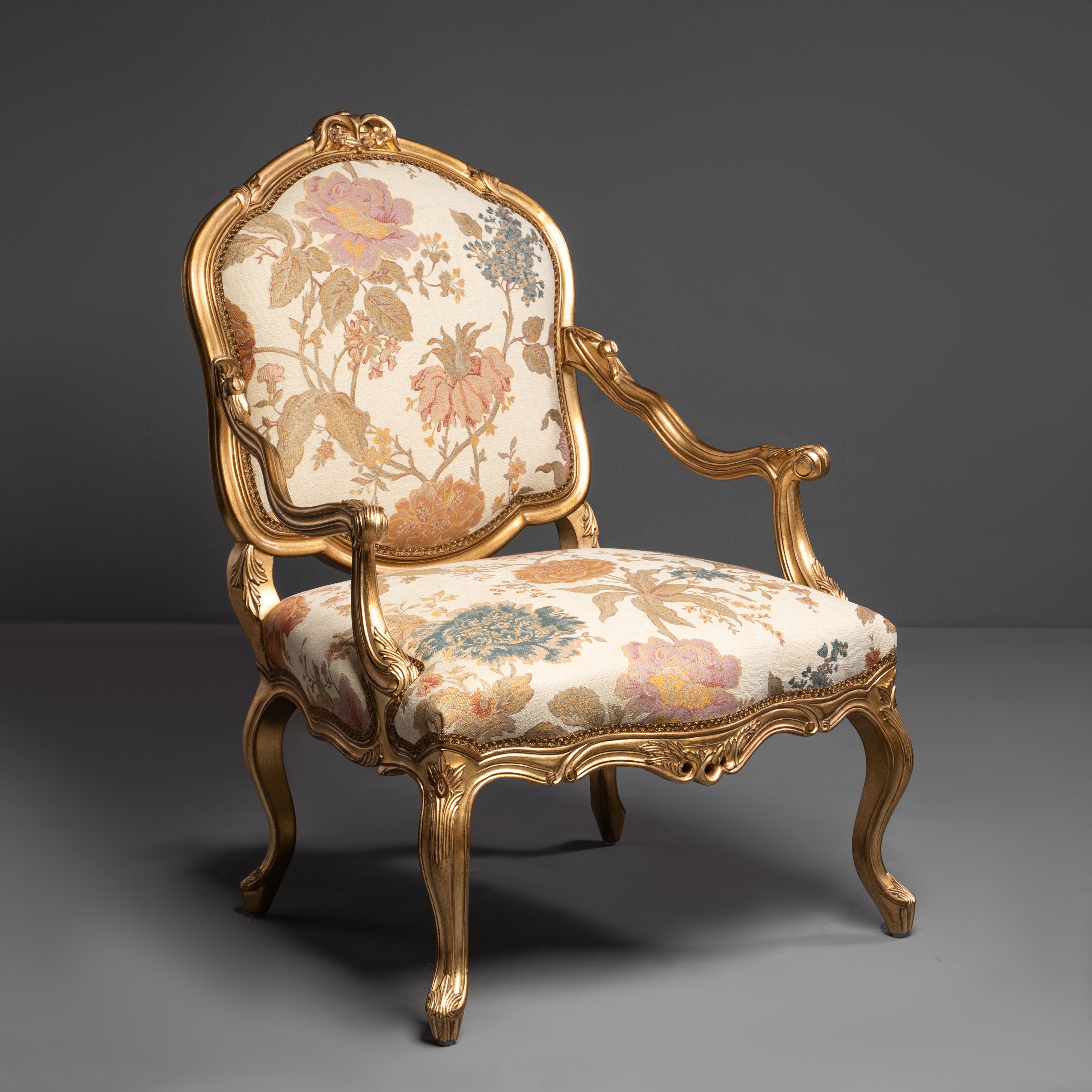Elegant Louis XV Style Giltwood Armchair  with Floral Upholstery
