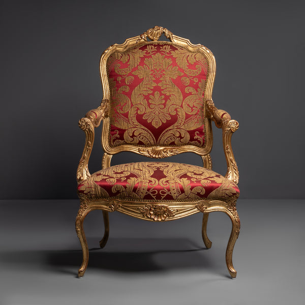 Elegant Louis XV Giltwood Armchair with Rich  Damask Upholstery