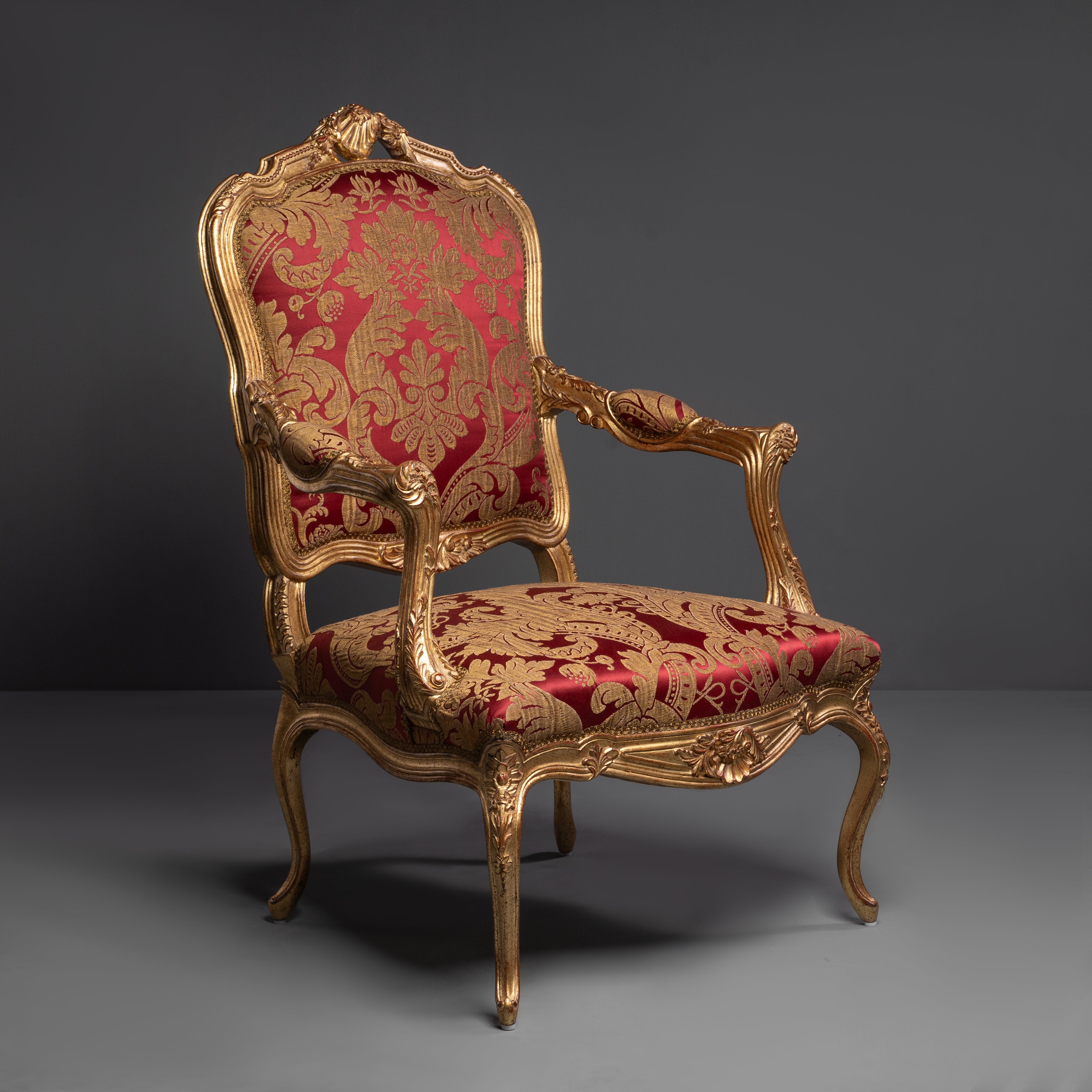 Elegant Louis XV Giltwood Armchair with Rich  Damask Upholstery