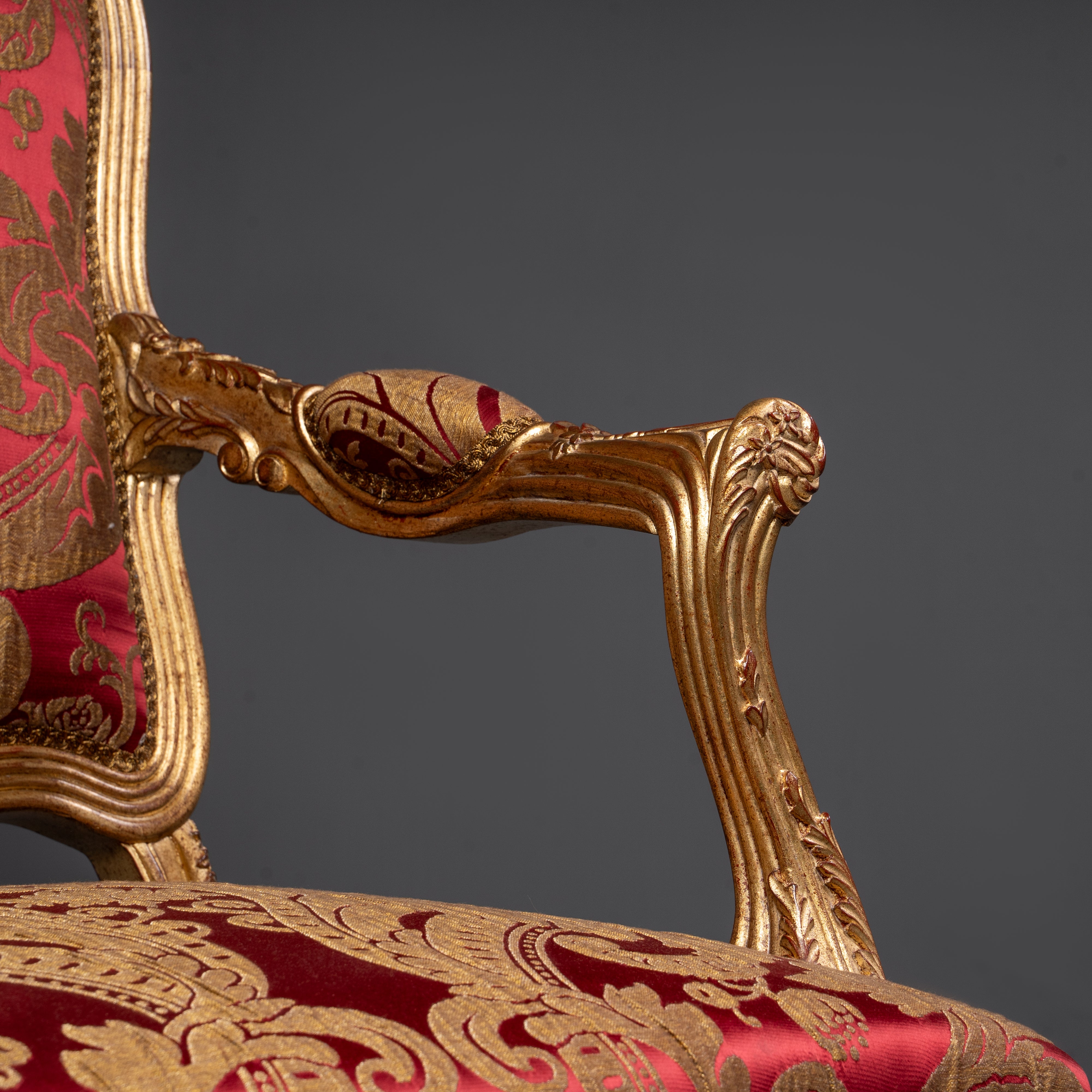 Elegant Louis XV Giltwood Armchair with Rich  Damask Upholstery