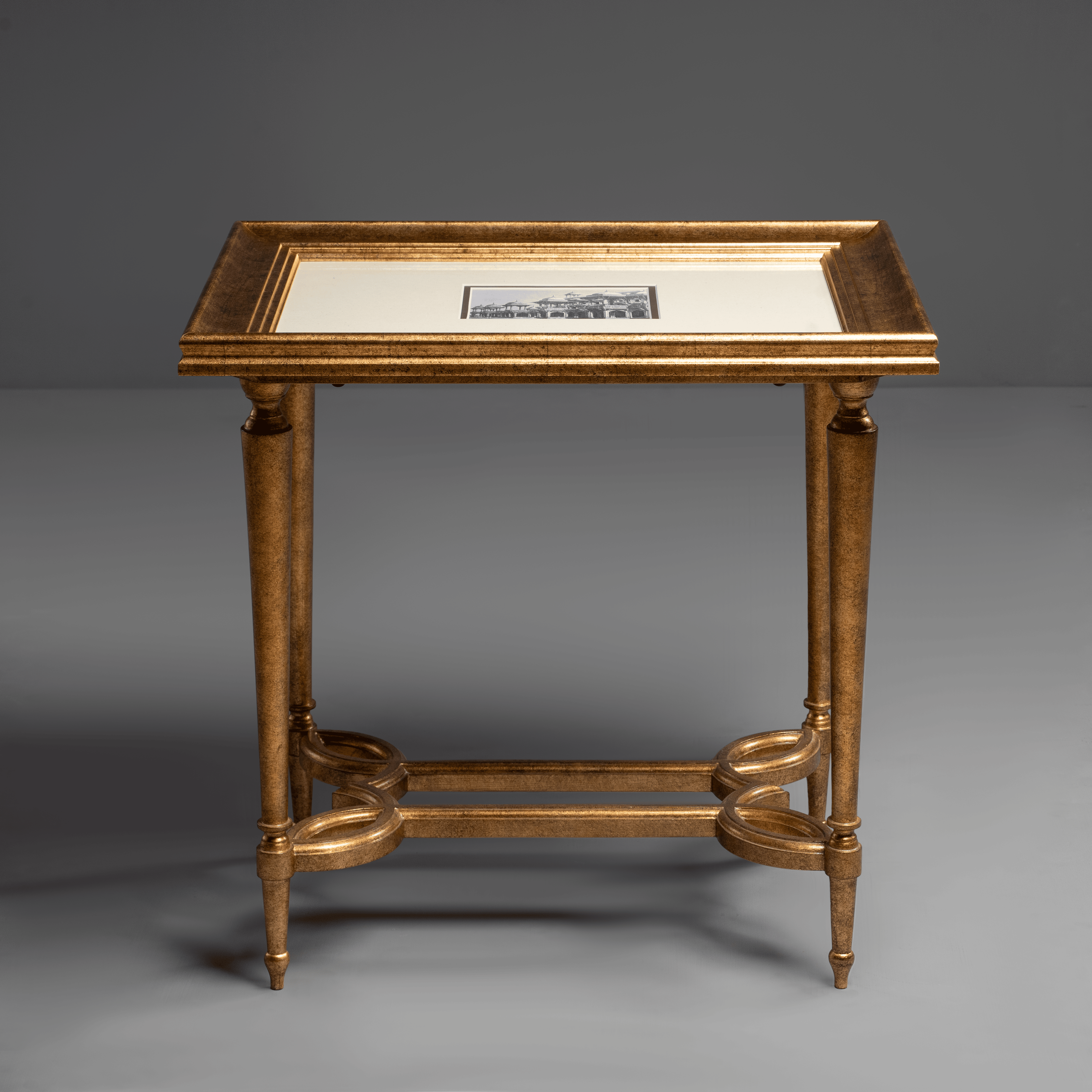 Elegant Gilt Tray-Top Side Table with Inset  Print