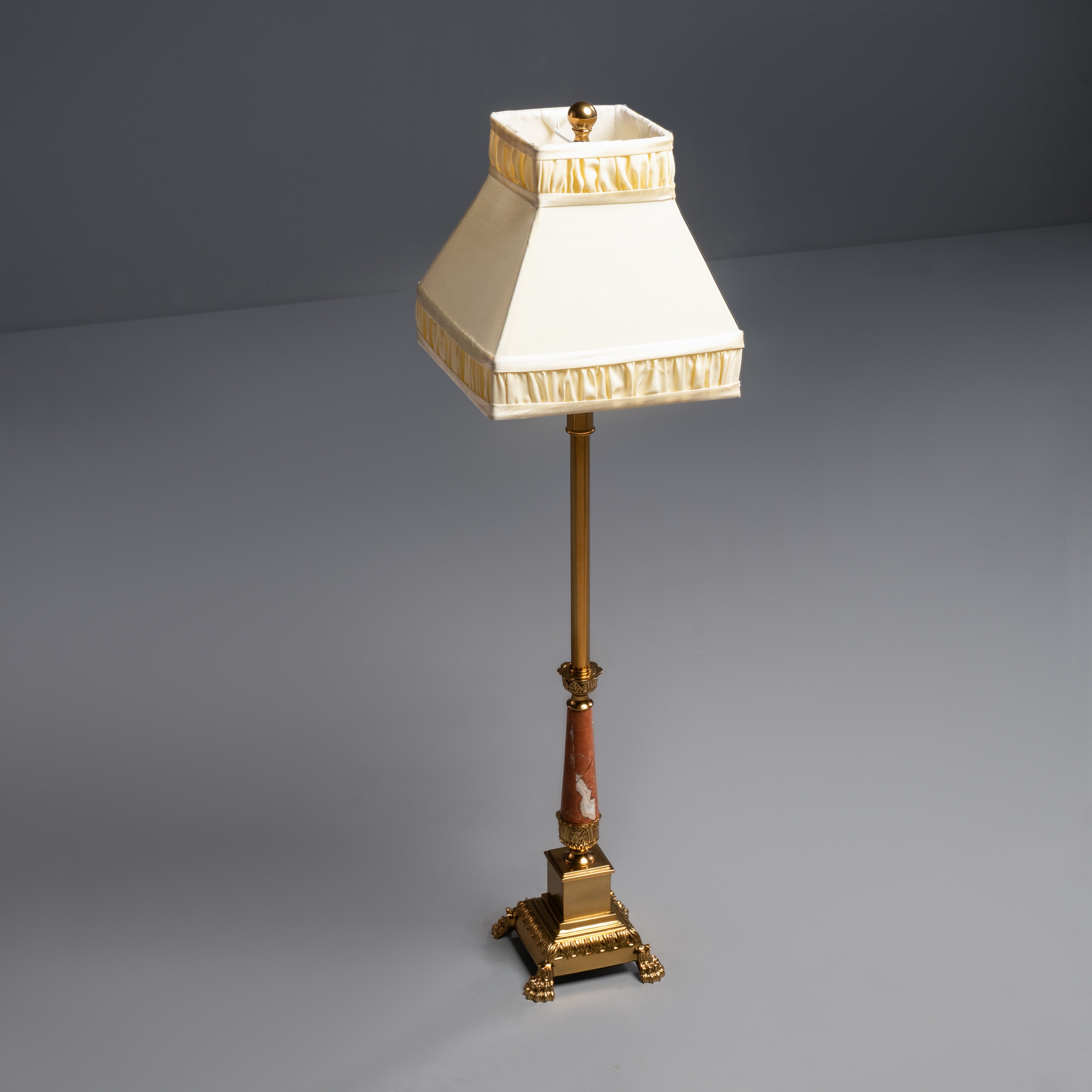 Elegant Brass and Pink Marble Floor Lamp  with Square Fabric Shade