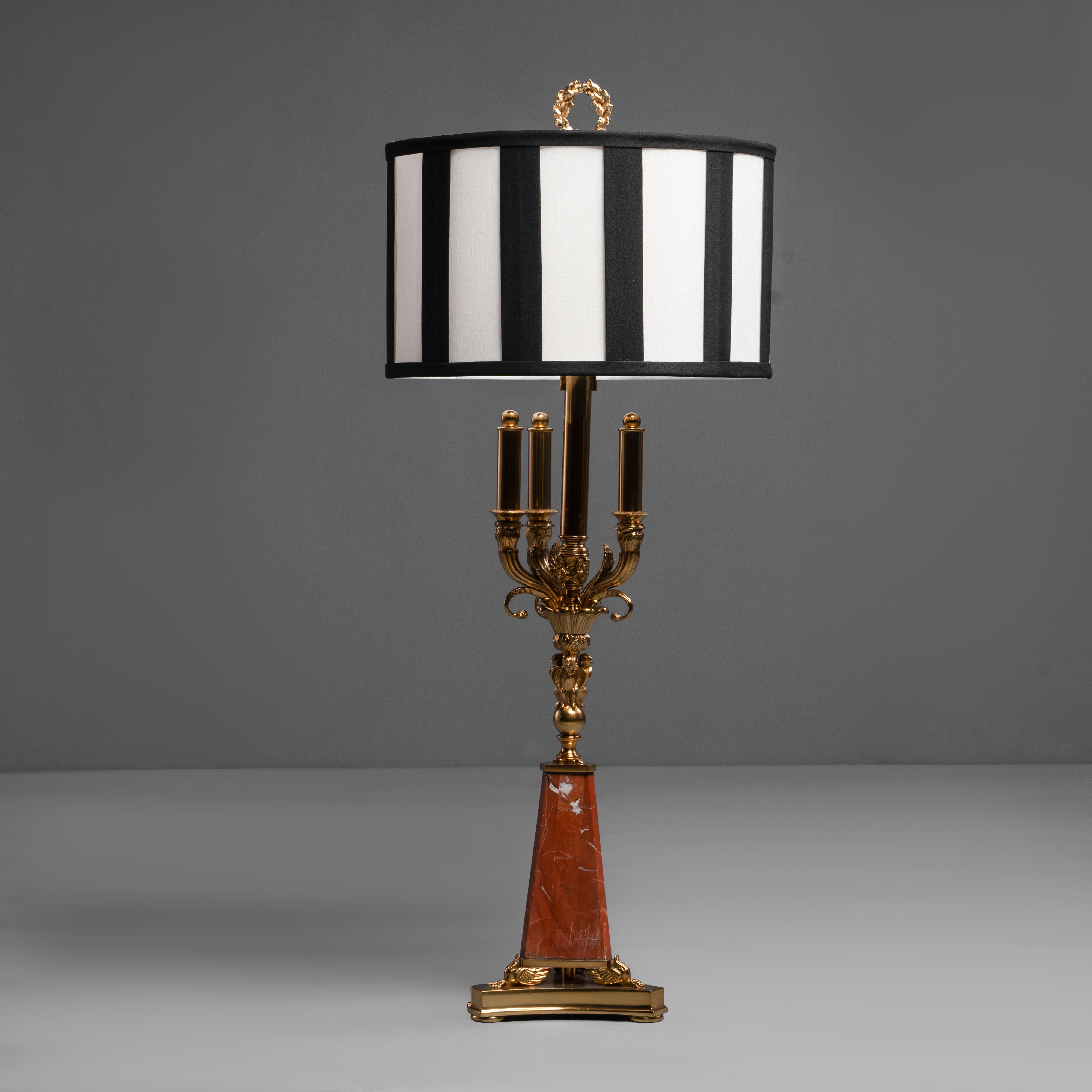 Elegant Brass Candelabra Table Lamp with  Pink Marble Base and Striped Shade