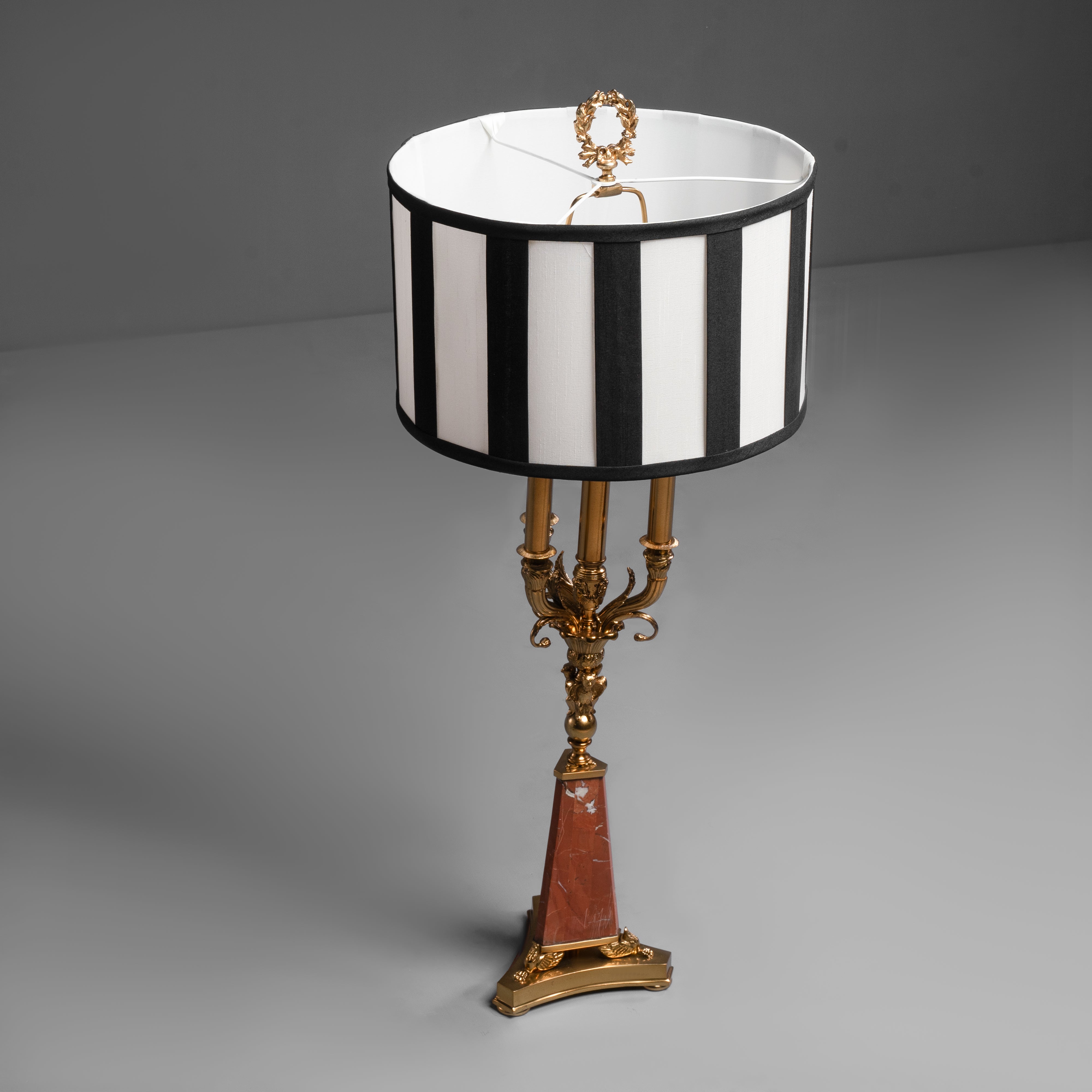 Elegant Brass Candelabra Table Lamp with  Pink Marble Base and Striped Shade