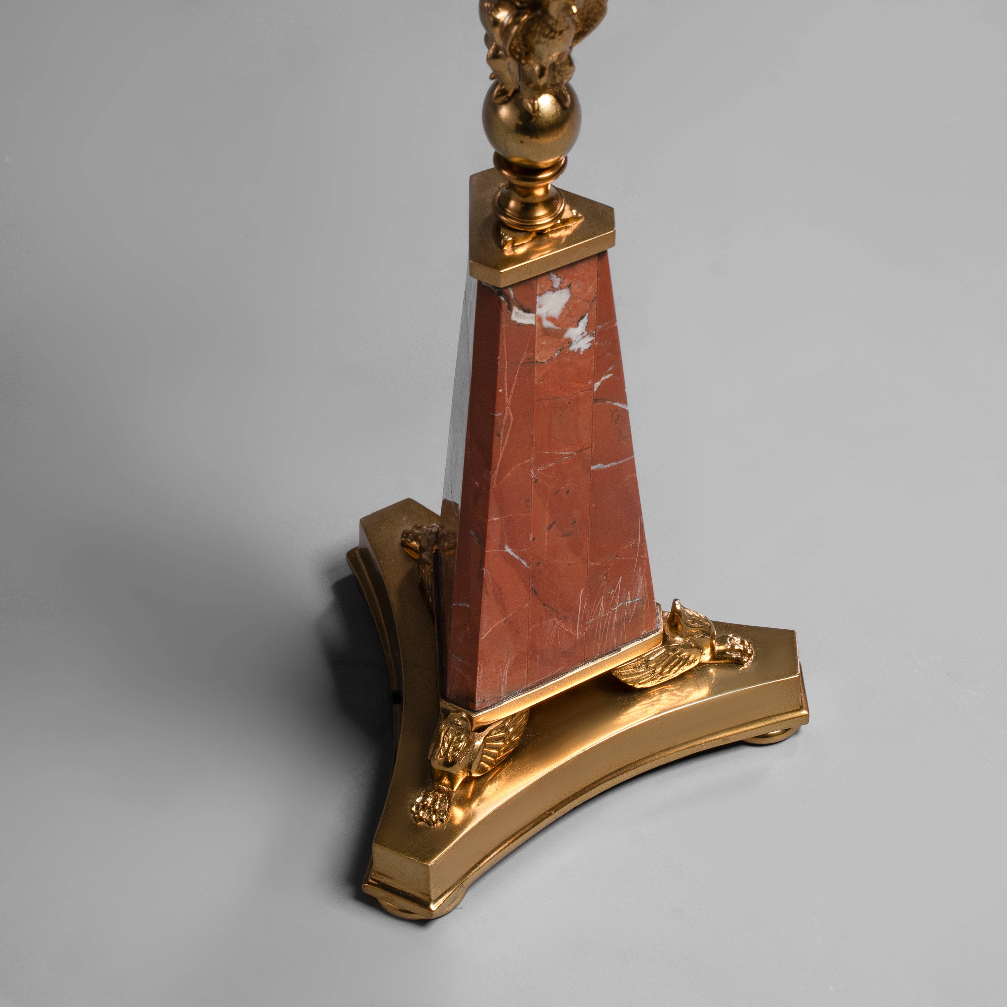 Elegant Brass Candelabra Table Lamp with  Pink Marble Base and Striped Shade
