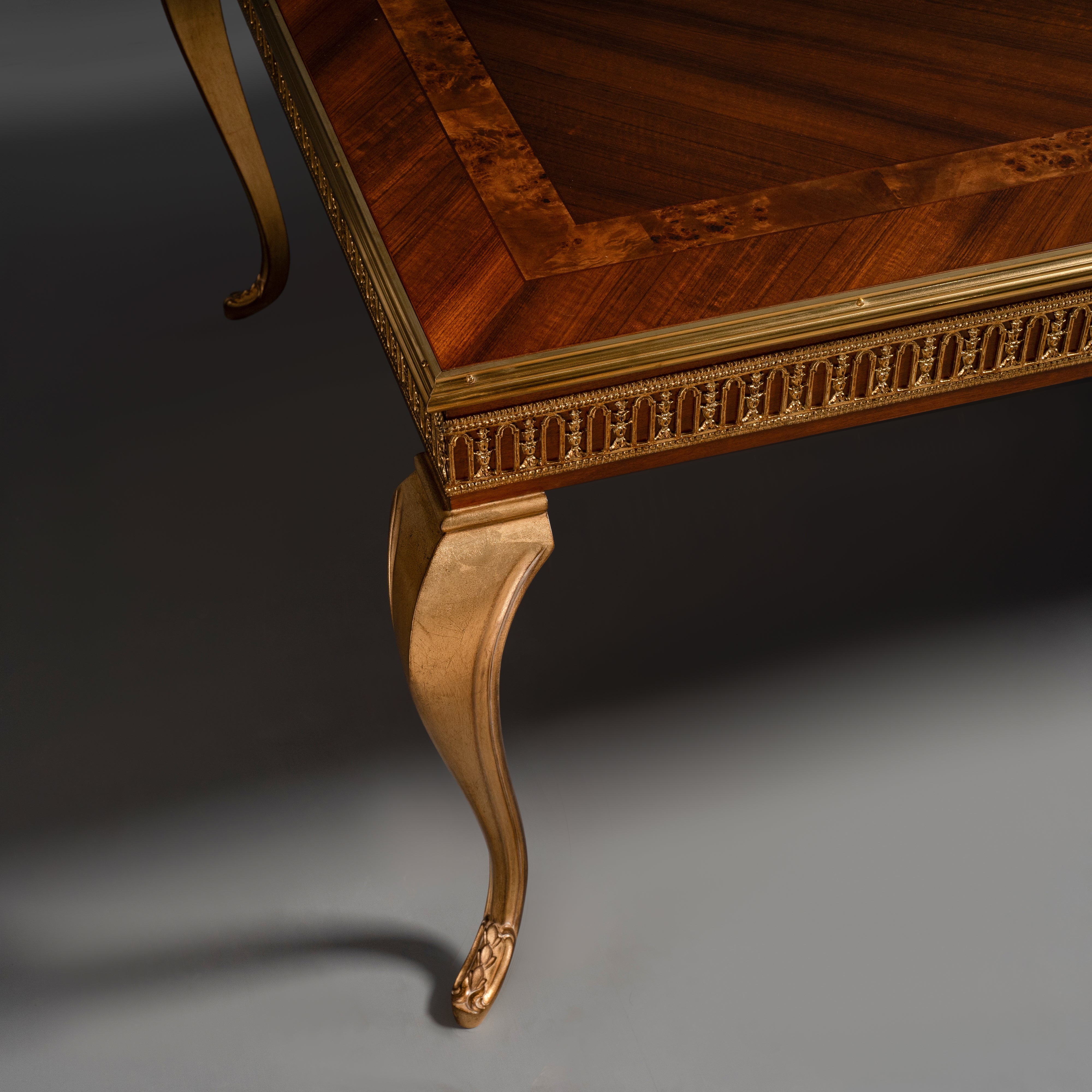 Elegant French-Style Giltwood Dining Table  with Veneer Top and Brass Motif