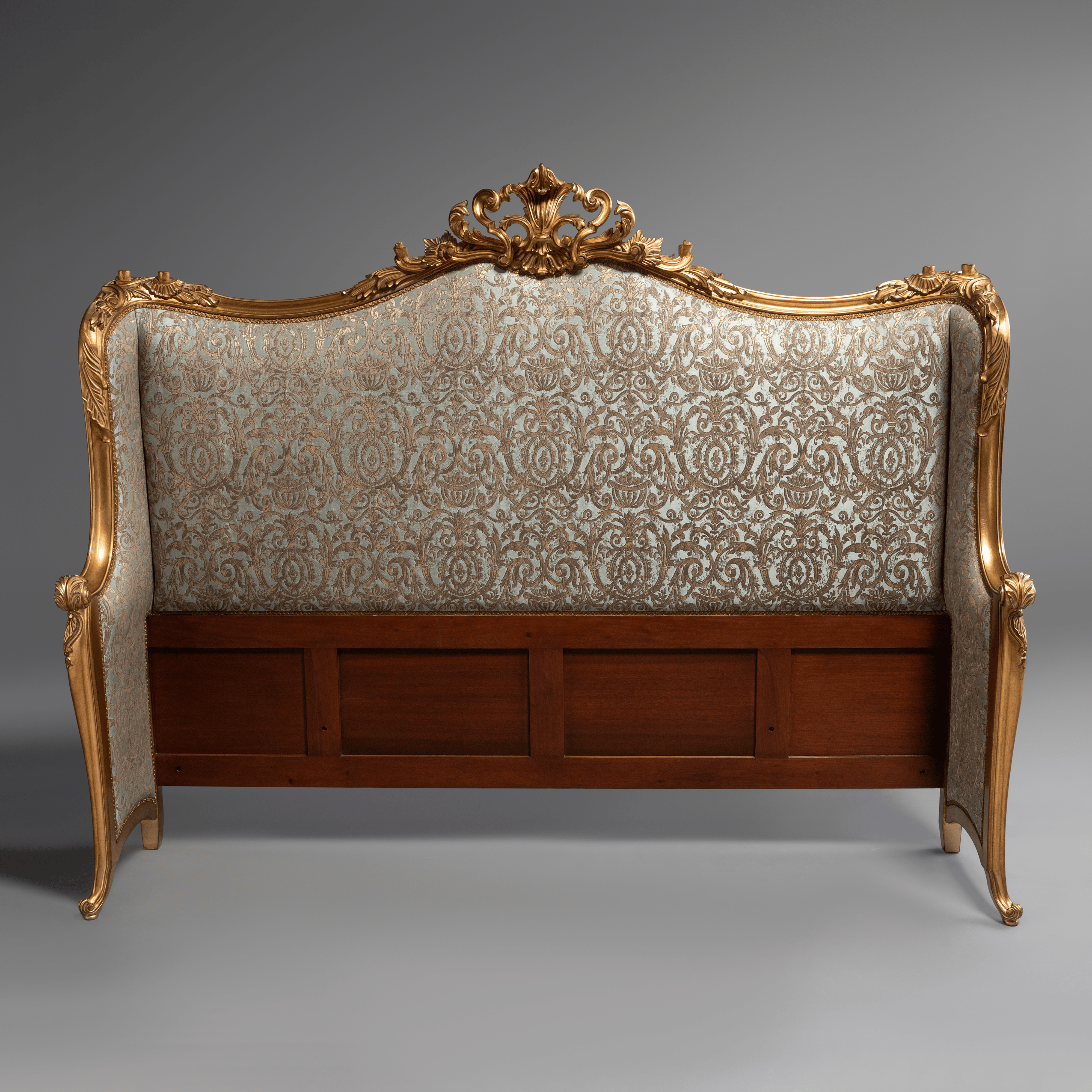 Elegant French-Style Gilt Headboard with  Damask Upholstery