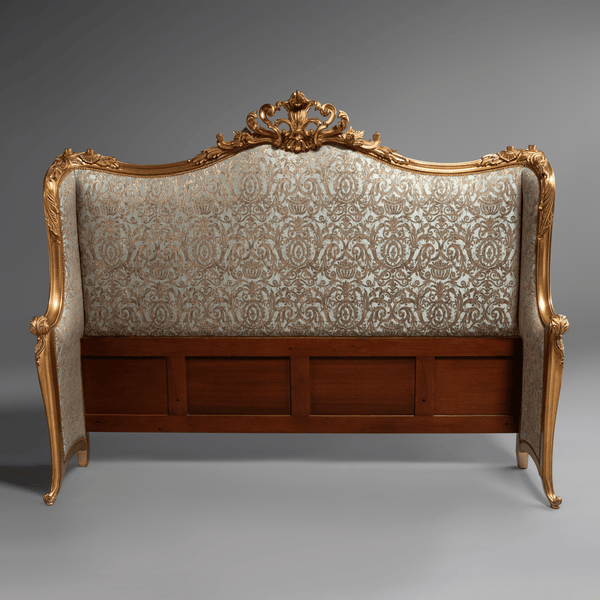 Elegant French-Style Gilt Headboard with  Damask Upholstery