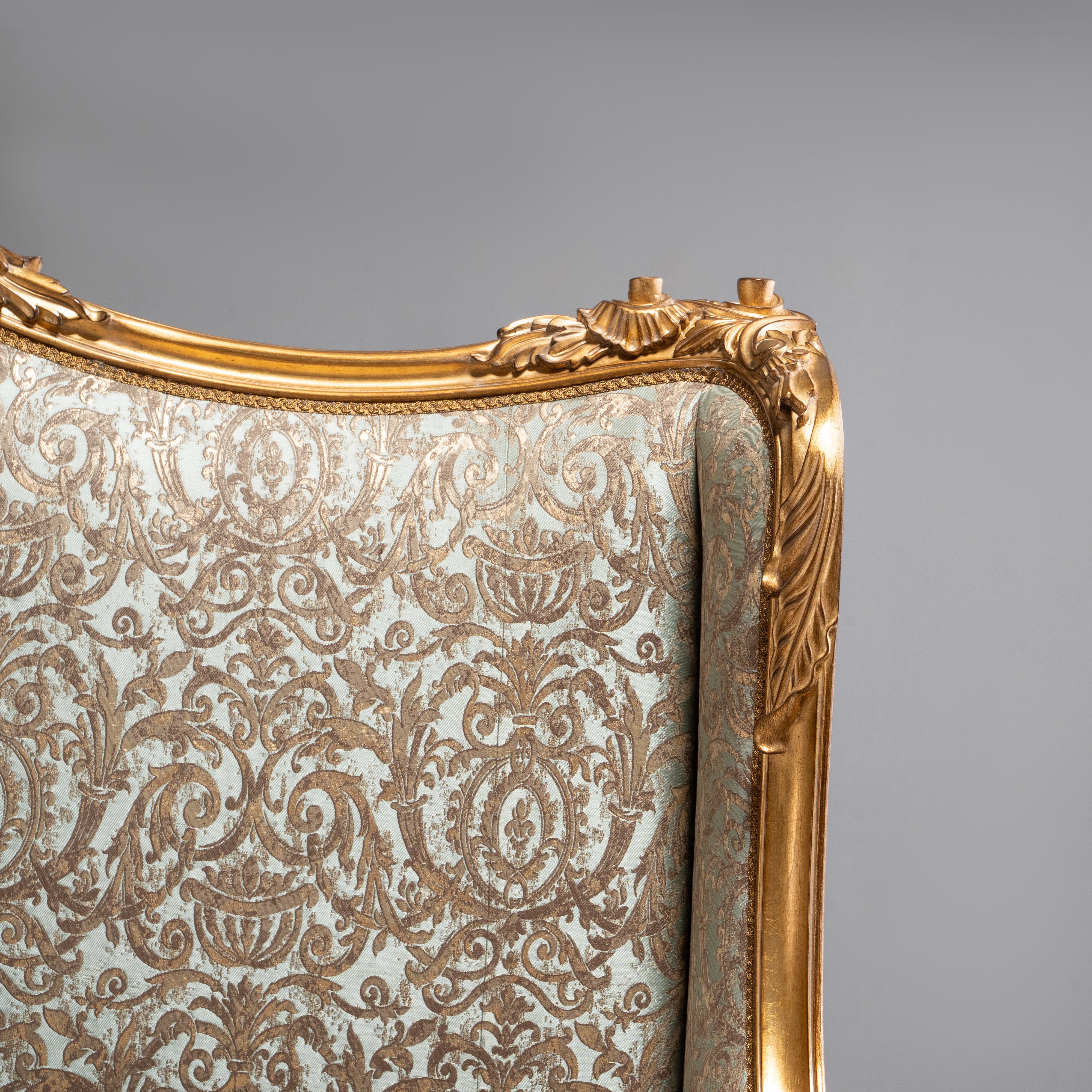 Elegant French-Style Gilt Headboard with  Damask Upholstery