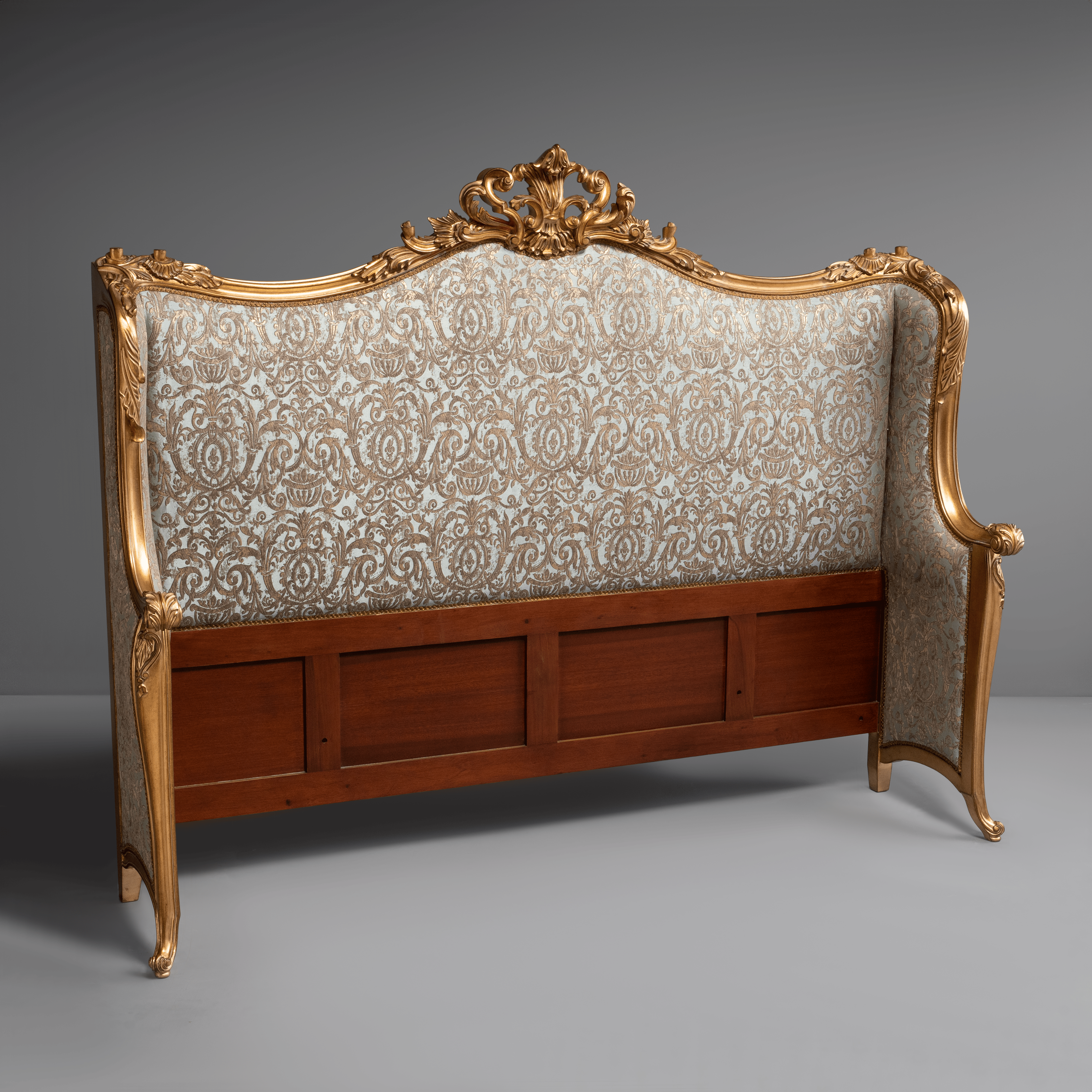 Elegant French-Style Gilt Headboard with  Damask Upholstery