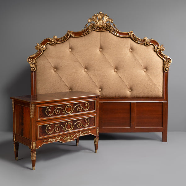 Elegant French Louis XV Style Gilt Headboard  with Button-Tufting and Brass Motifs