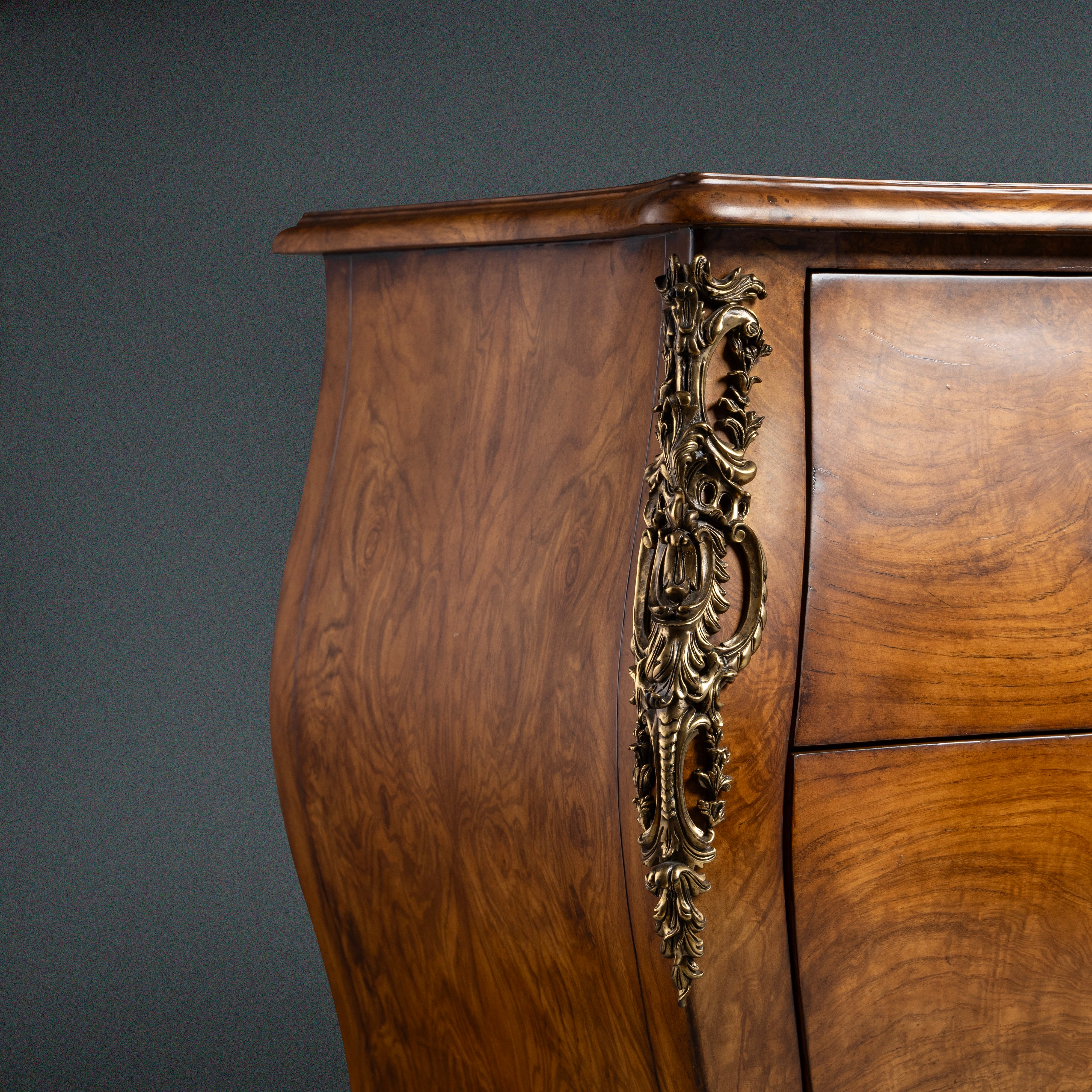 Louis XV-Style Bombe Chest with Veneer and  Ornate Brass Hardware