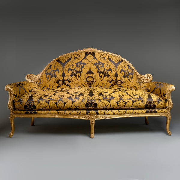 Louis XV-Style Gilded Settee with Carved  Wood Frame and Baroque Damask  Upholstery