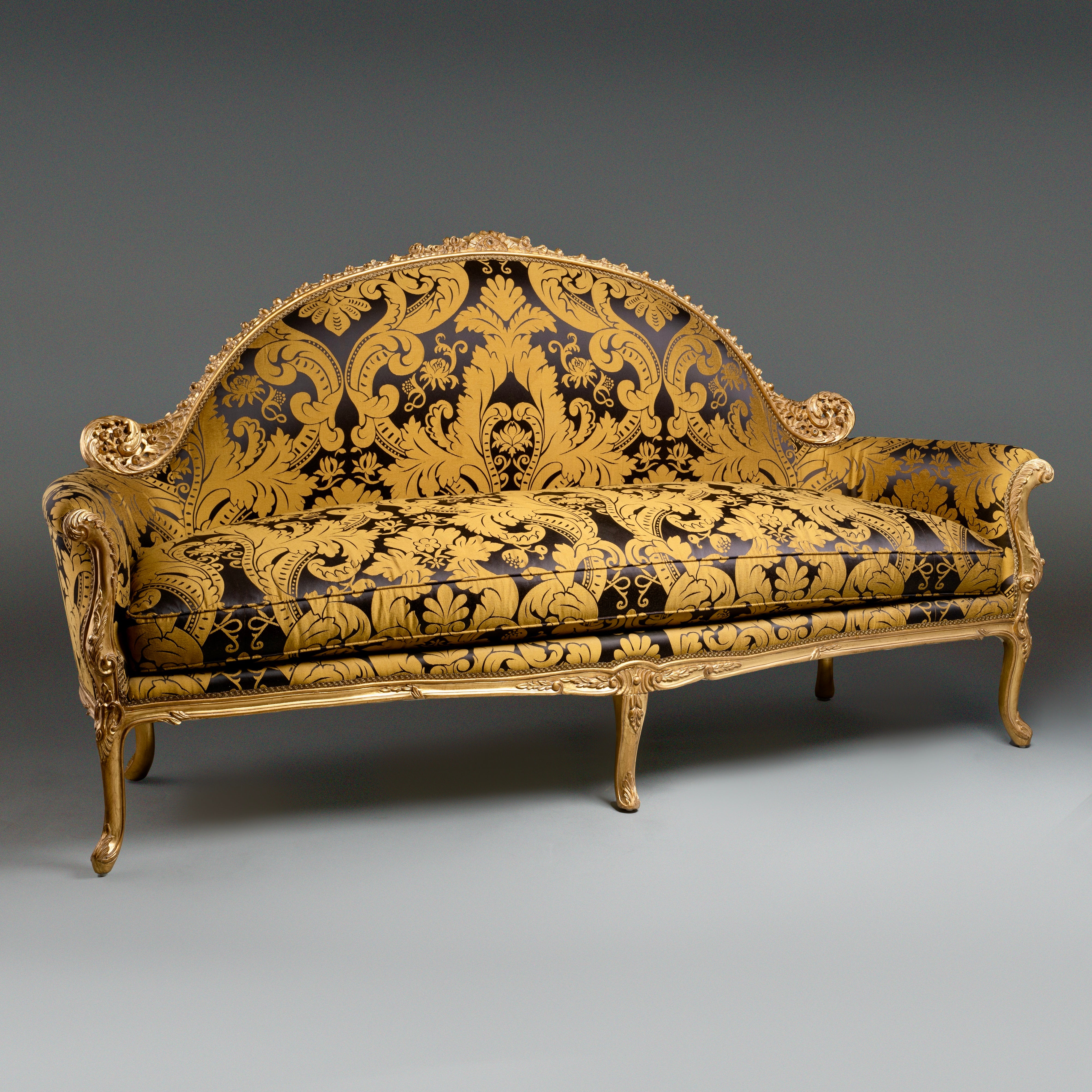 Louis XV-Style Gilded Settee with Carved  Wood Frame and Baroque Damask  Upholstery