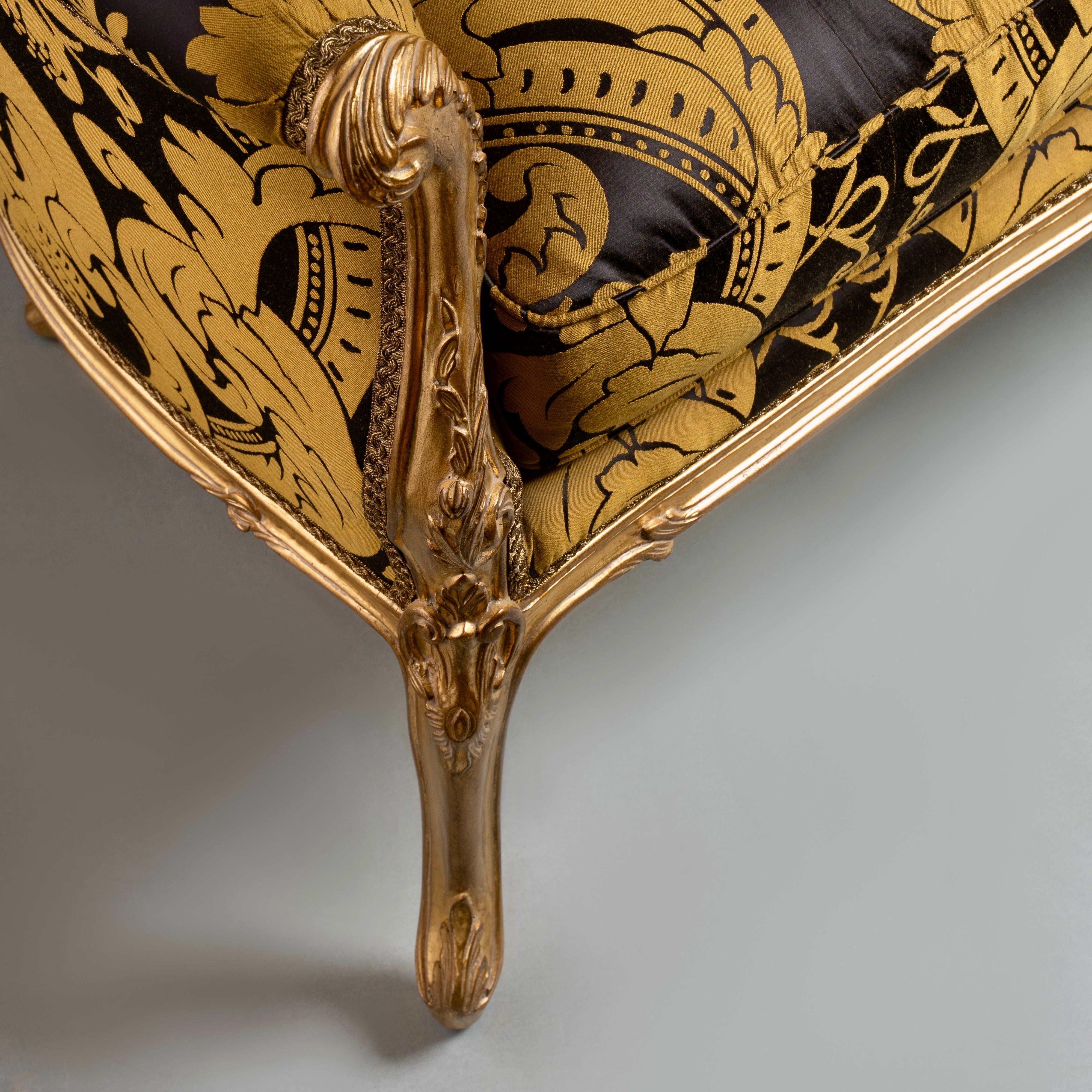 Louis XV-Style Gilded Settee with Carved  Wood Frame and Baroque Damask  Upholstery